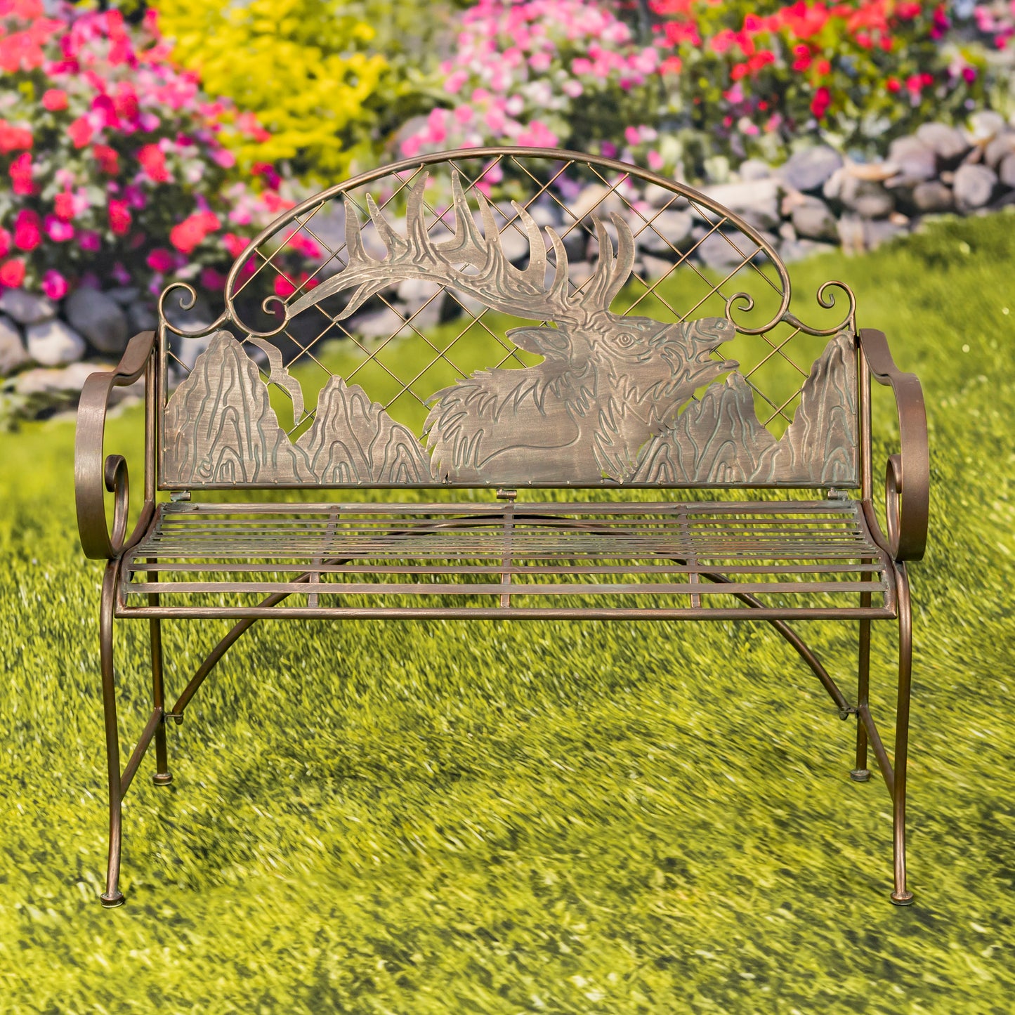 Round Top Iron Garden Bench with Caribou Backrest – “Selkirk”