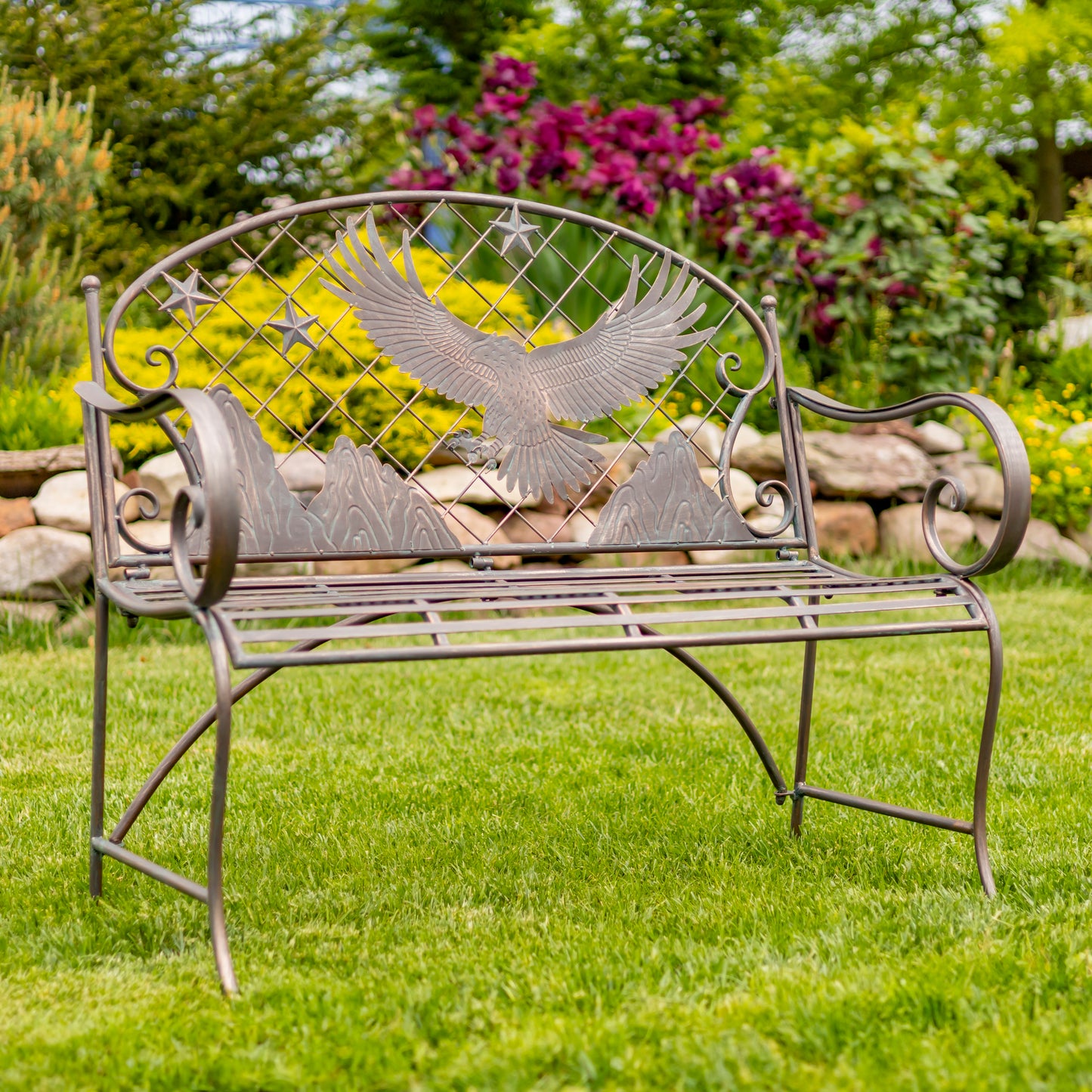 Klamath Iron Garden Bench with Bald Eagle Backrest – Antique Bronze