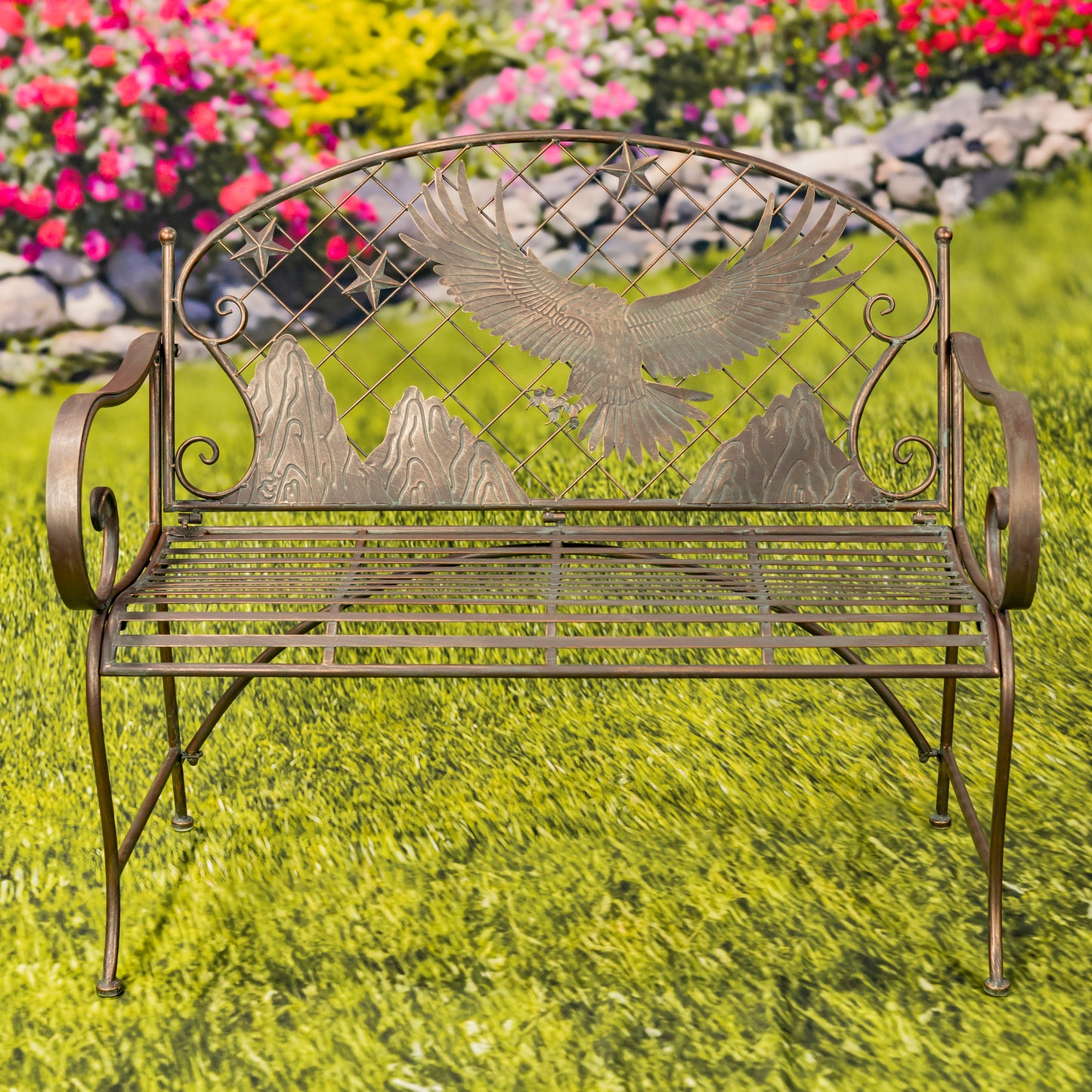 Klamath Iron Garden Bench with Bald Eagle Backrest – Antique Bronze