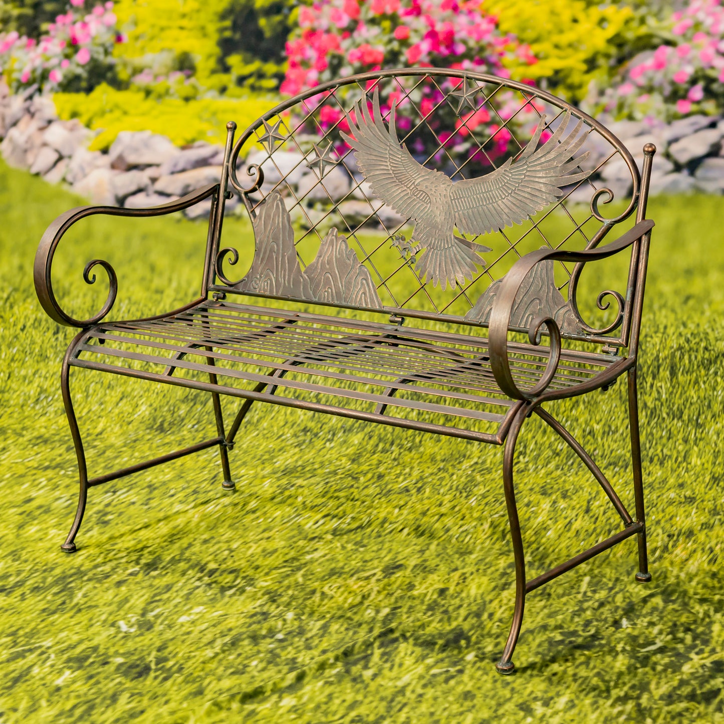 Klamath Iron Garden Bench with Bald Eagle Backrest – Antique Bronze