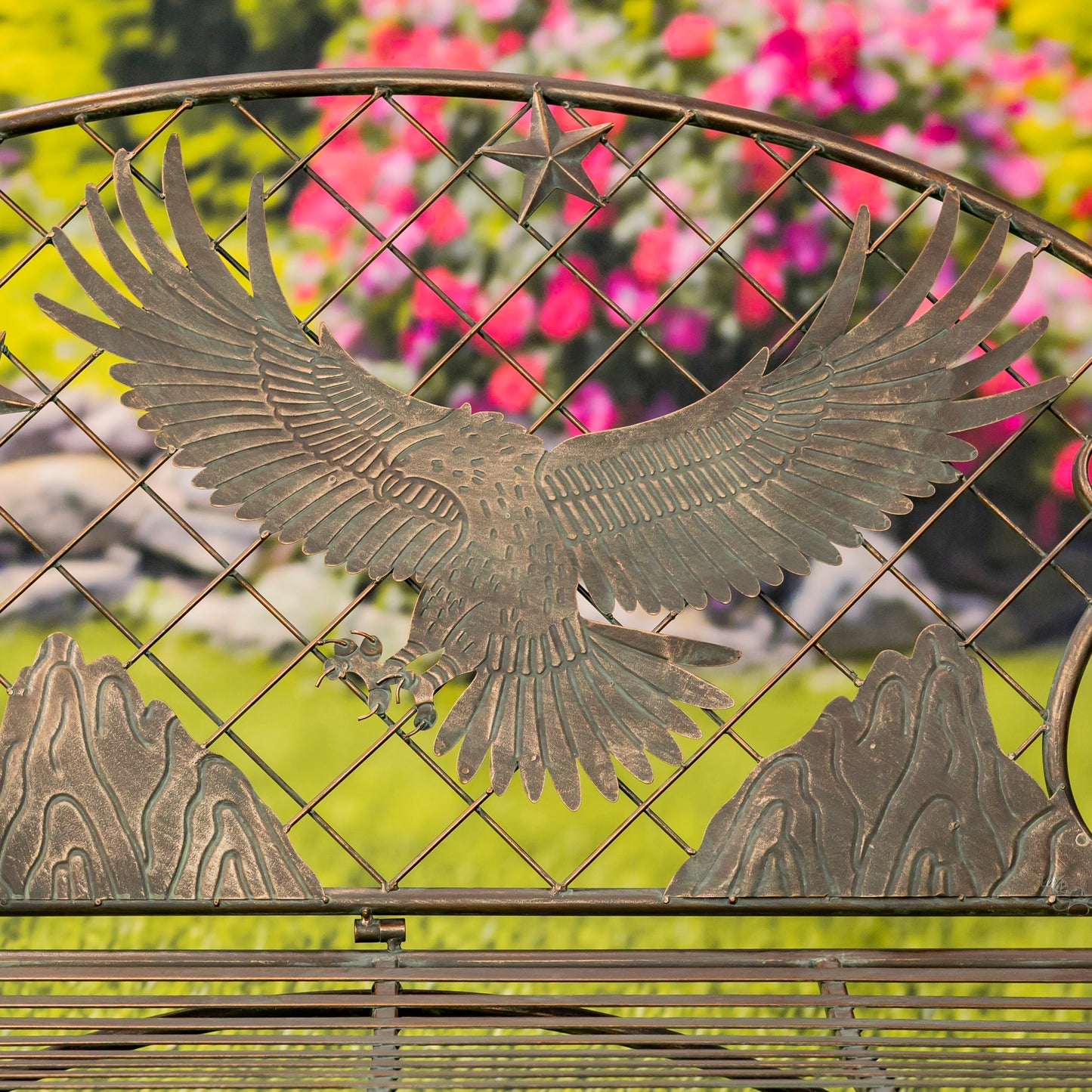Klamath Iron Garden Bench with Bald Eagle Backrest – Antique Bronze