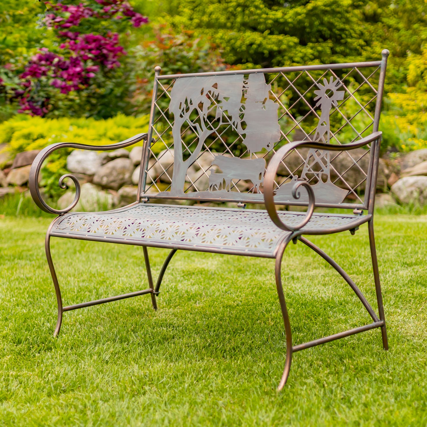 Rectangular Iron Garden Bench with Cow & Windmill Silhouette – “Strasburg”