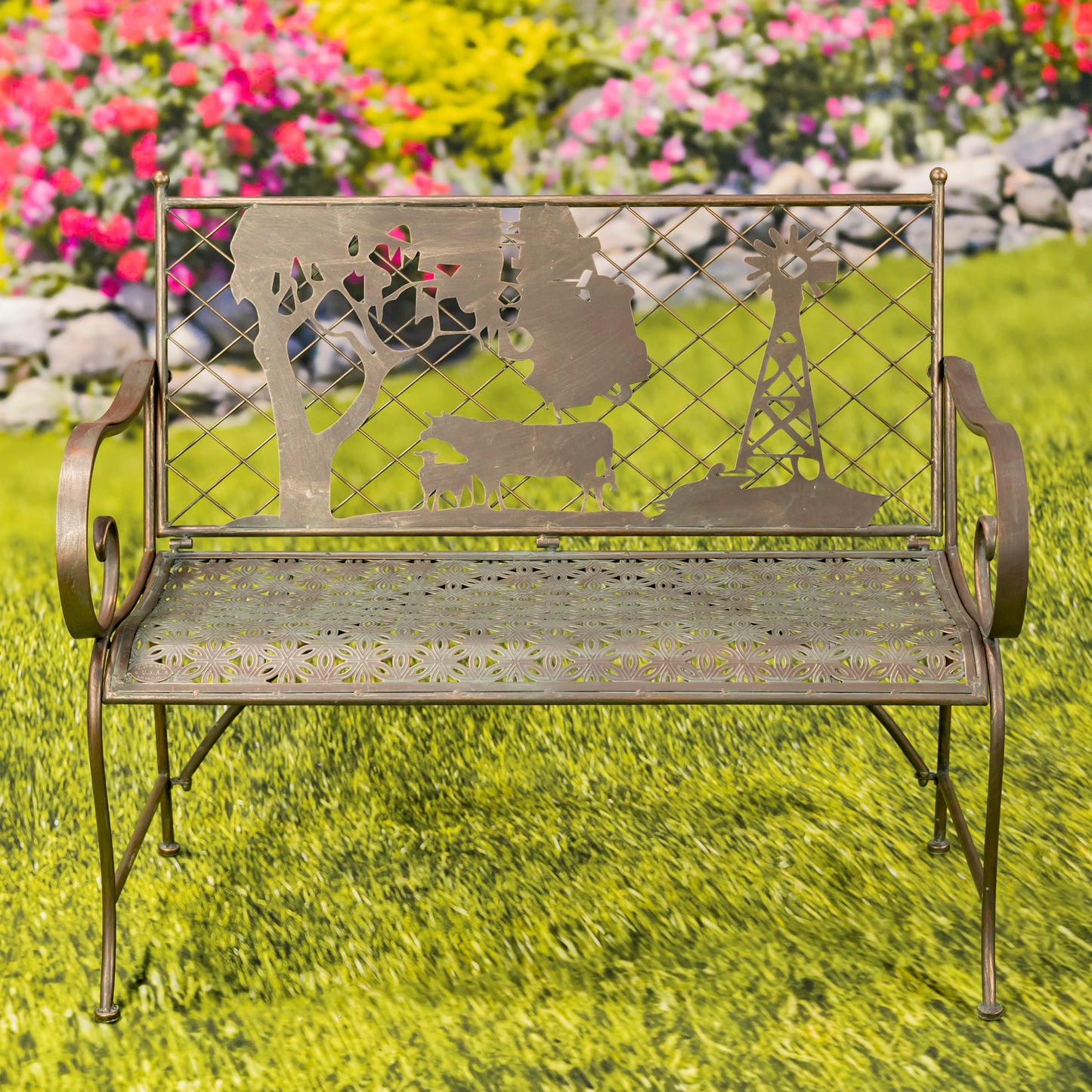Rectangular Iron Garden Bench with Cow & Windmill Silhouette – “Strasburg”