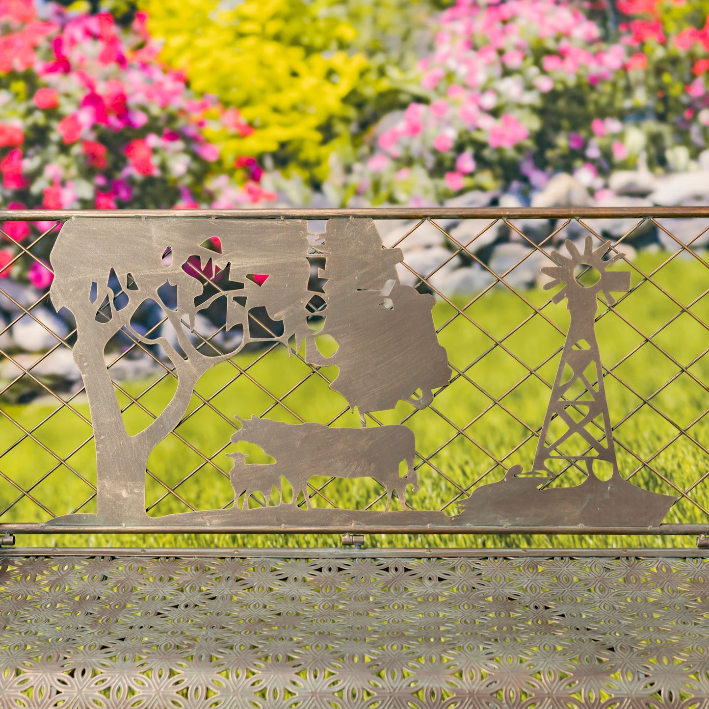 Rectangular Iron Garden Bench with Cow & Windmill Silhouette – “Strasburg”