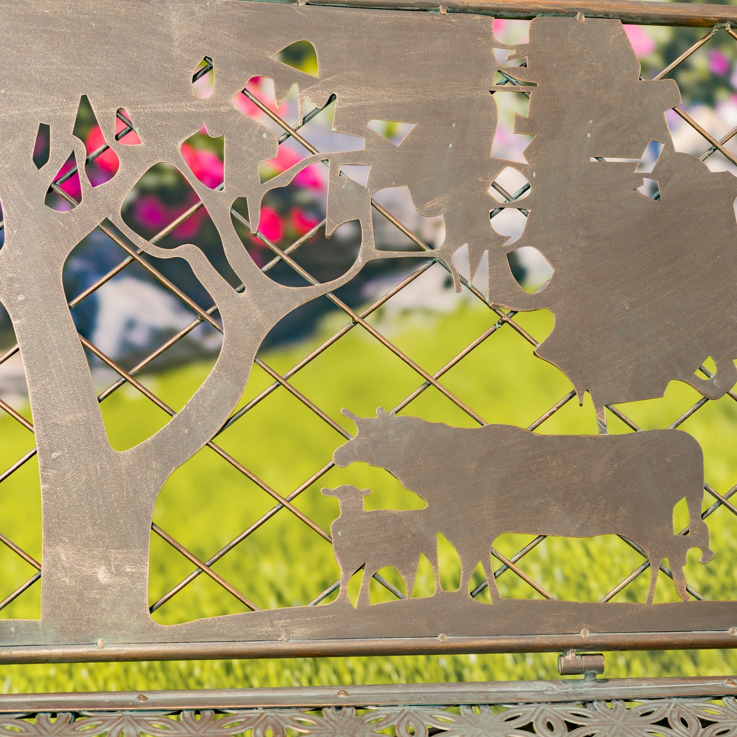 Rectangular Iron Garden Bench with Cow & Windmill Silhouette – “Strasburg”