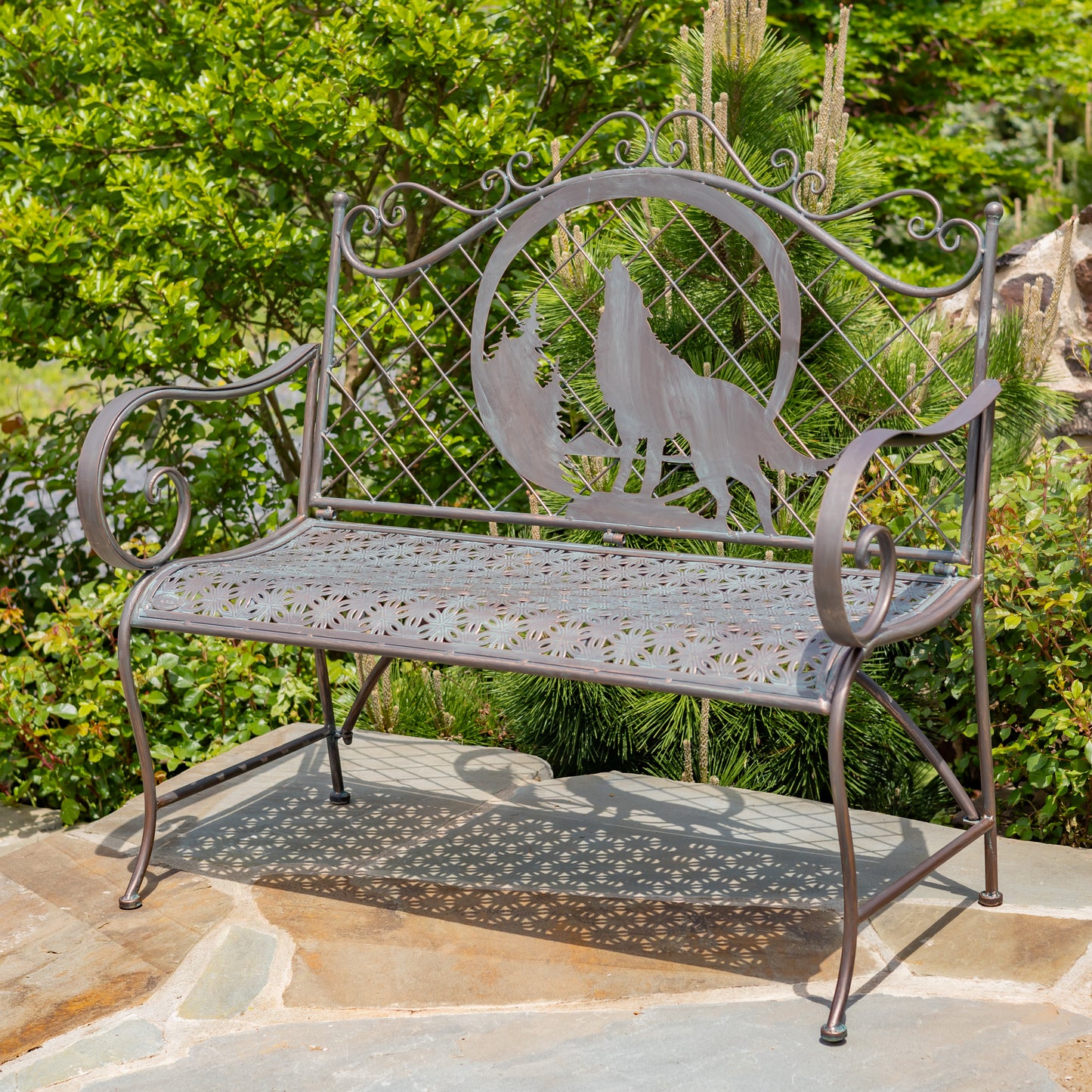 Classic Iron Garden Bench with Howling Wolf & Moon – “Gunnison”