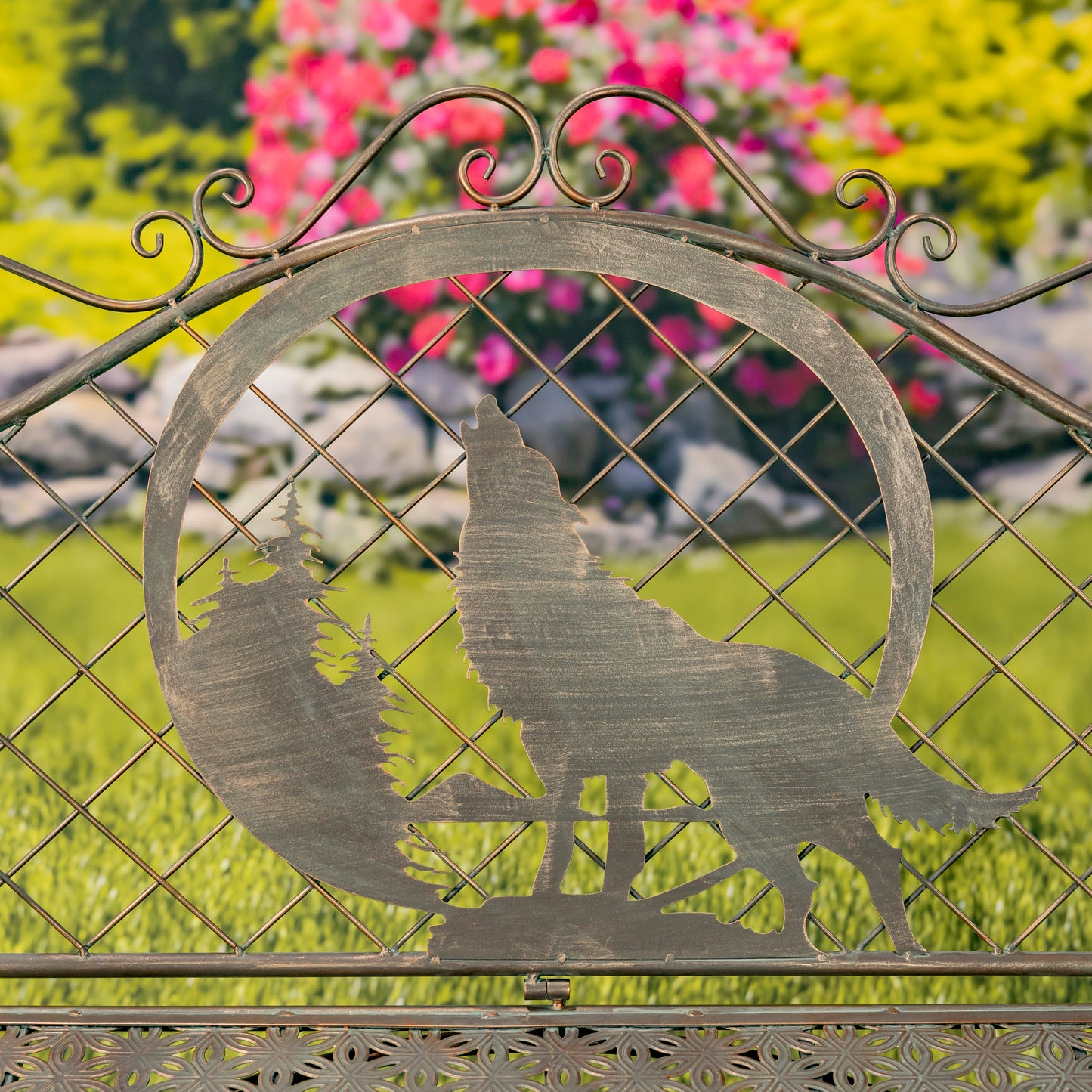 Classic Iron Garden Bench with Howling Wolf & Moon – “Gunnison”