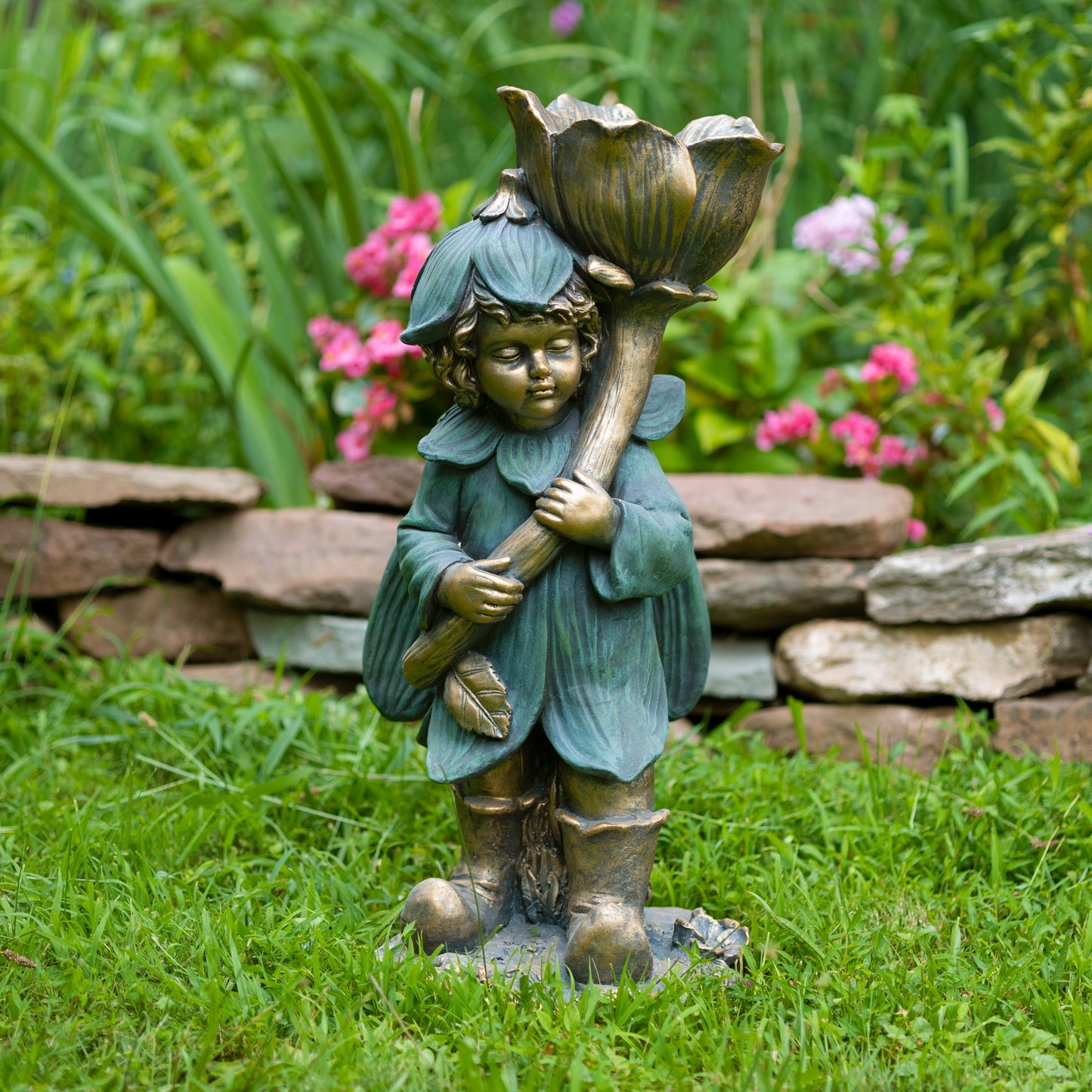 Tato Fairy Garden Statue with Flower – 27.5" Bronze Whimsical Garden Decor