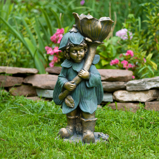Tato Fairy Garden Statue with Flower – 27.5" Bronze Whimsical Garden Decor
