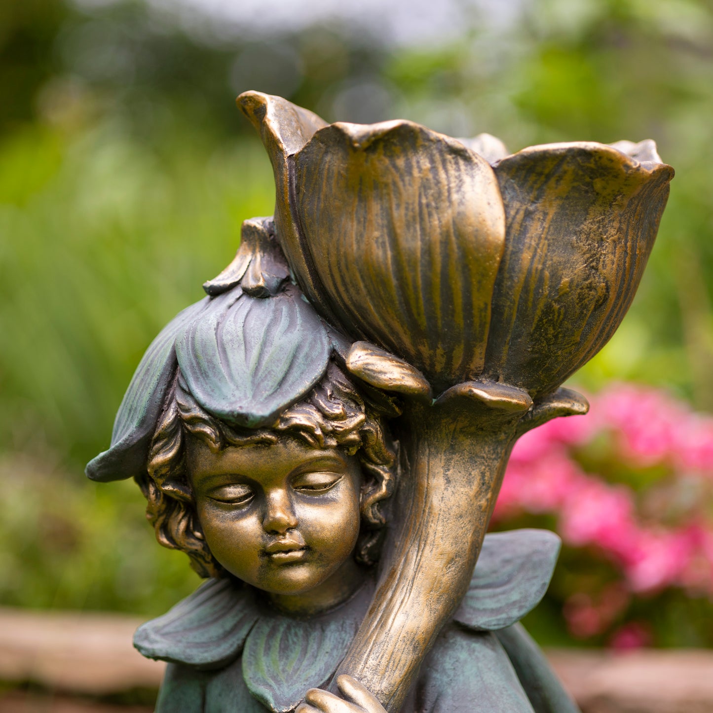 Tato Fairy Garden Statue with Flower – 27.5" Bronze Whimsical Garden Decor