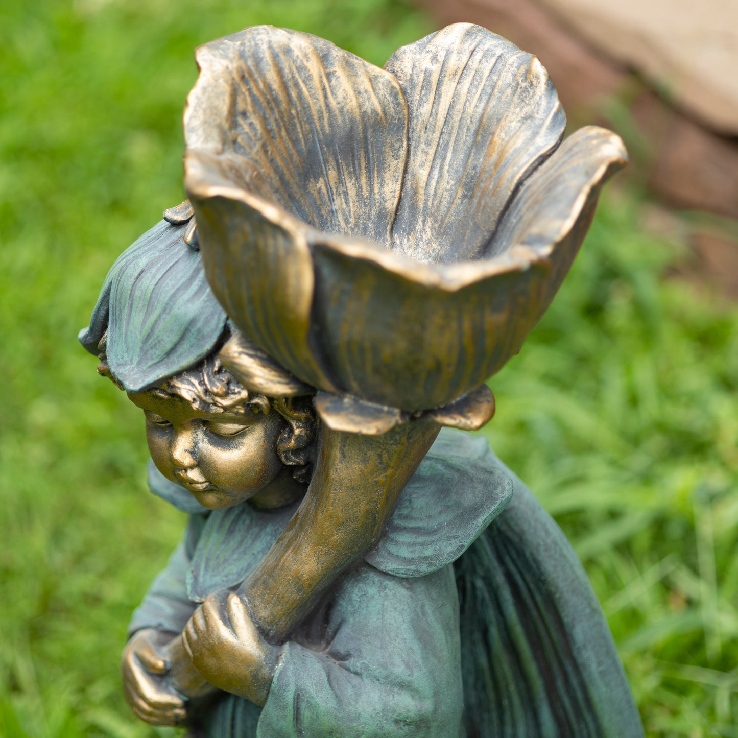 Tato Fairy Garden Statue with Flower – 27.5" Bronze Whimsical Garden Decor