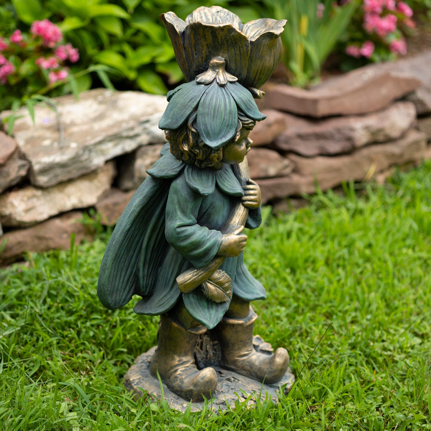 Tato Fairy Garden Statue with Flower – 27.5" Bronze Whimsical Garden Decor