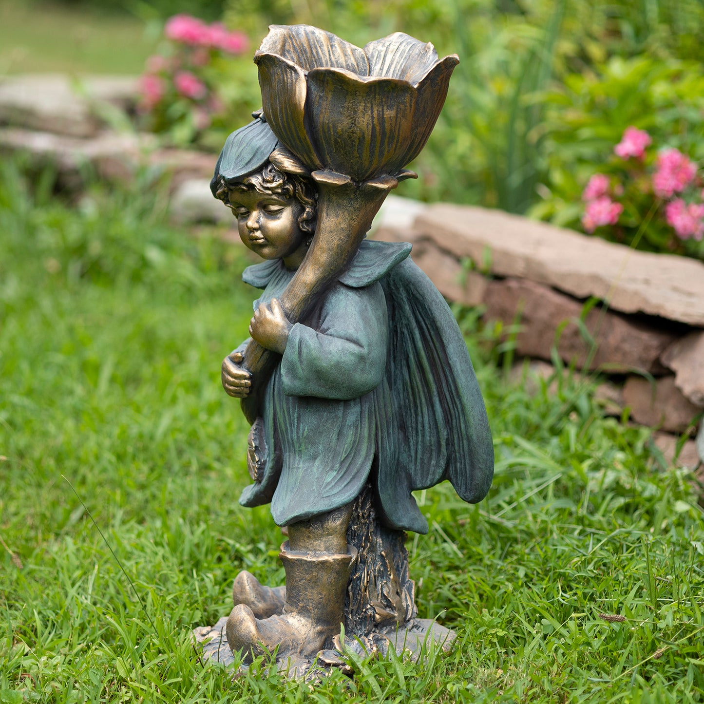 Tato Fairy Garden Statue with Flower – 27.5" Bronze Whimsical Garden Decor