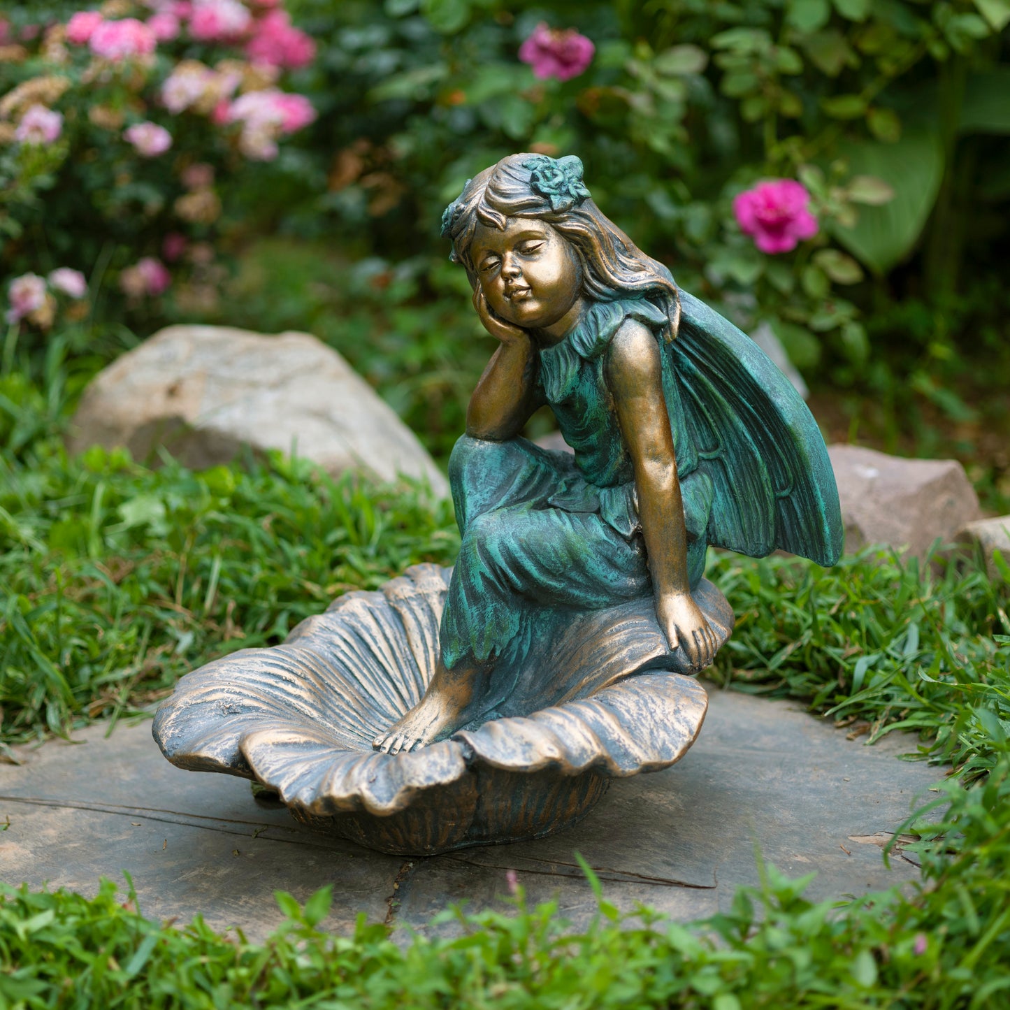 Gardenia Fairy Garden Statue Birdbath – 20" Bronze Fairy Garden Decor