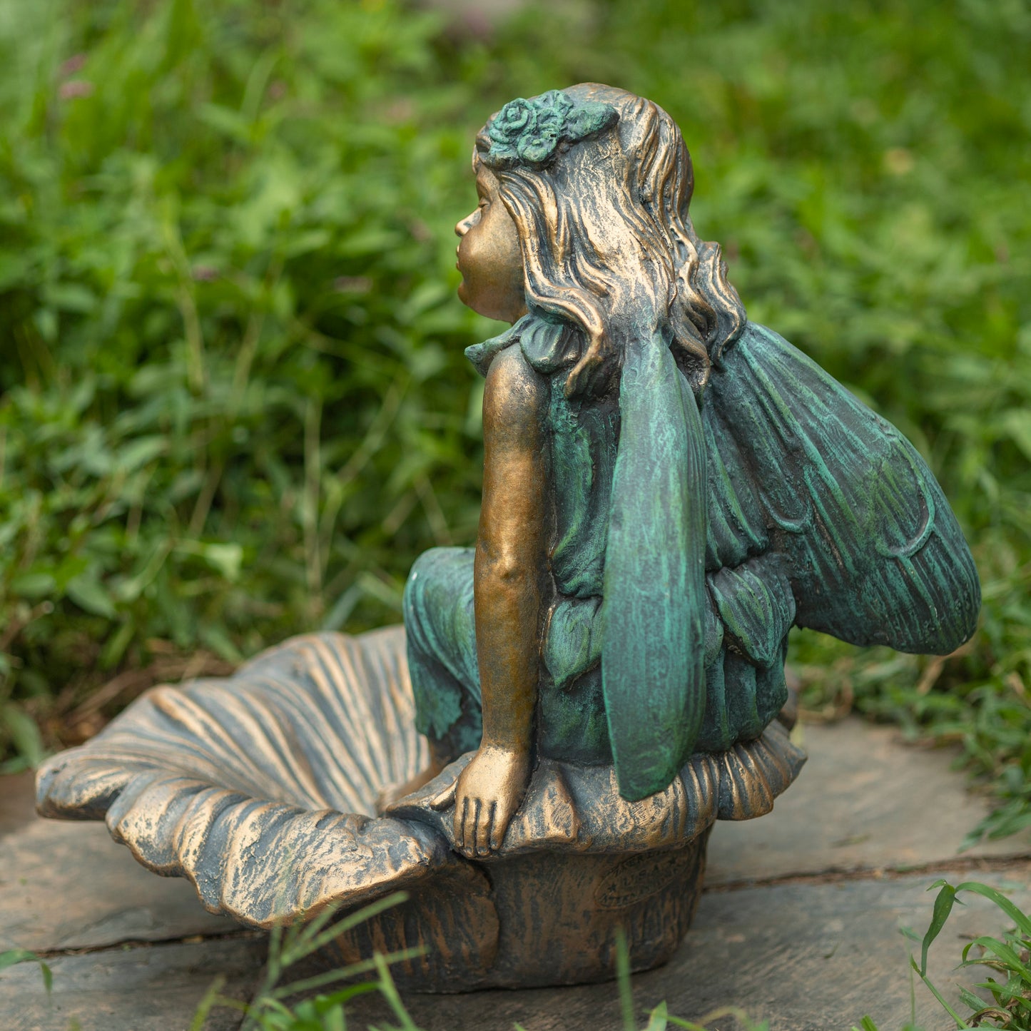Gardenia Fairy Garden Statue Birdbath – 20" Bronze Fairy Garden Decor