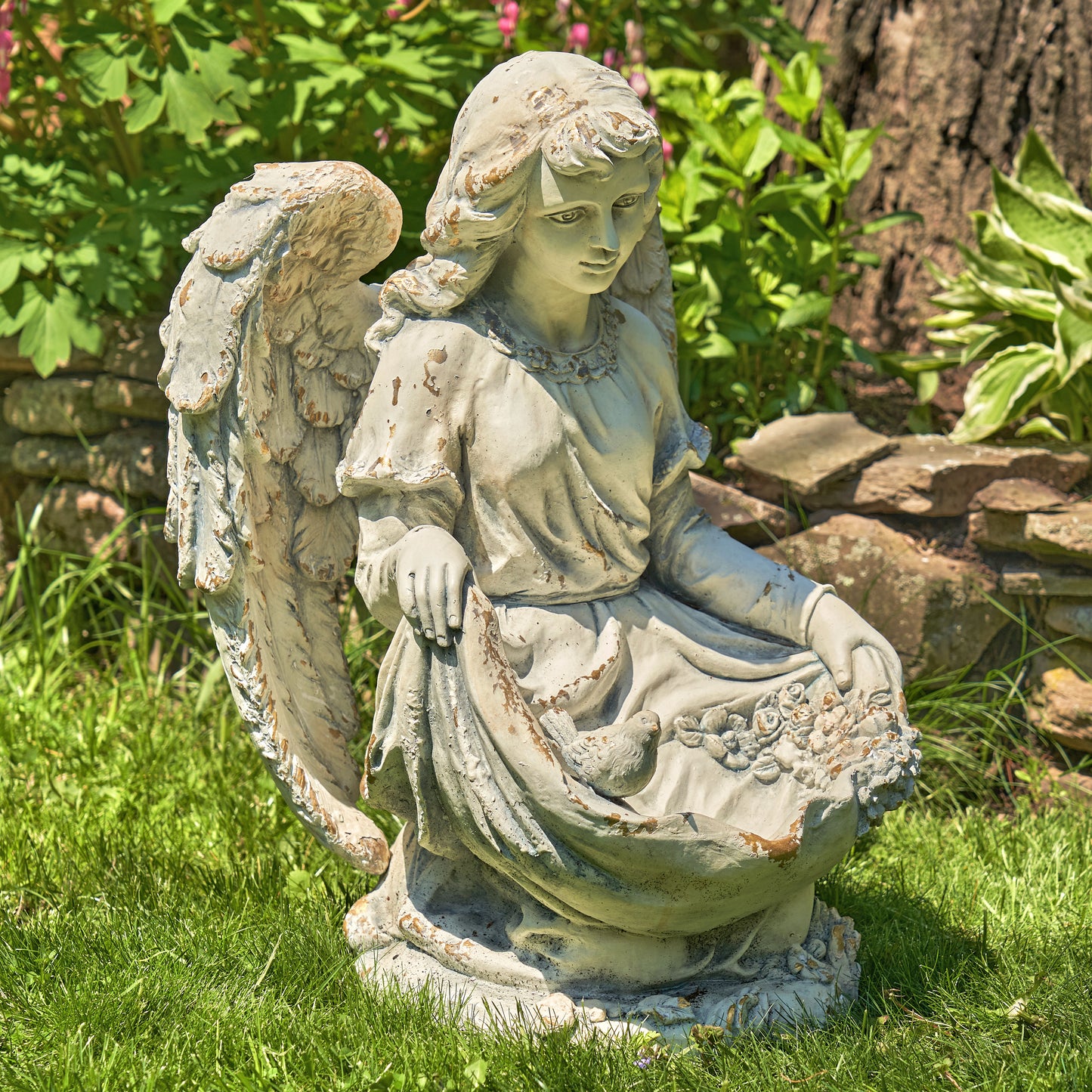 Cassiel 24" Sitting Angel Child Garden Statue with Birds