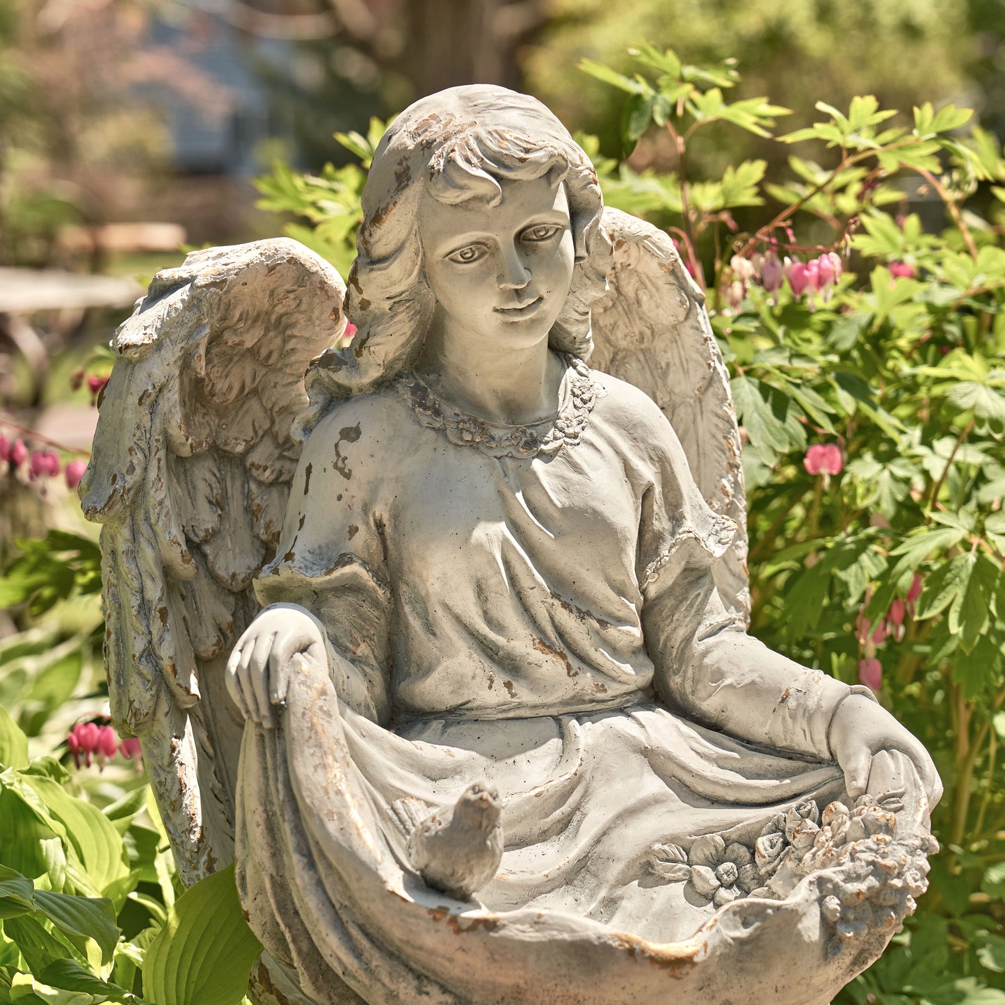 Cassiel 24" Sitting Angel Child Garden Statue with Birds
