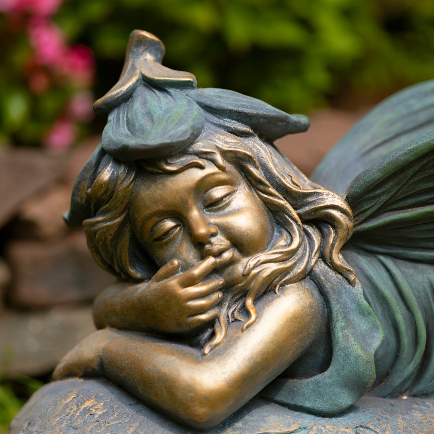 Fern Lying Fairy Garden Statue – 20" Bronze Outdoor Fairy Decor