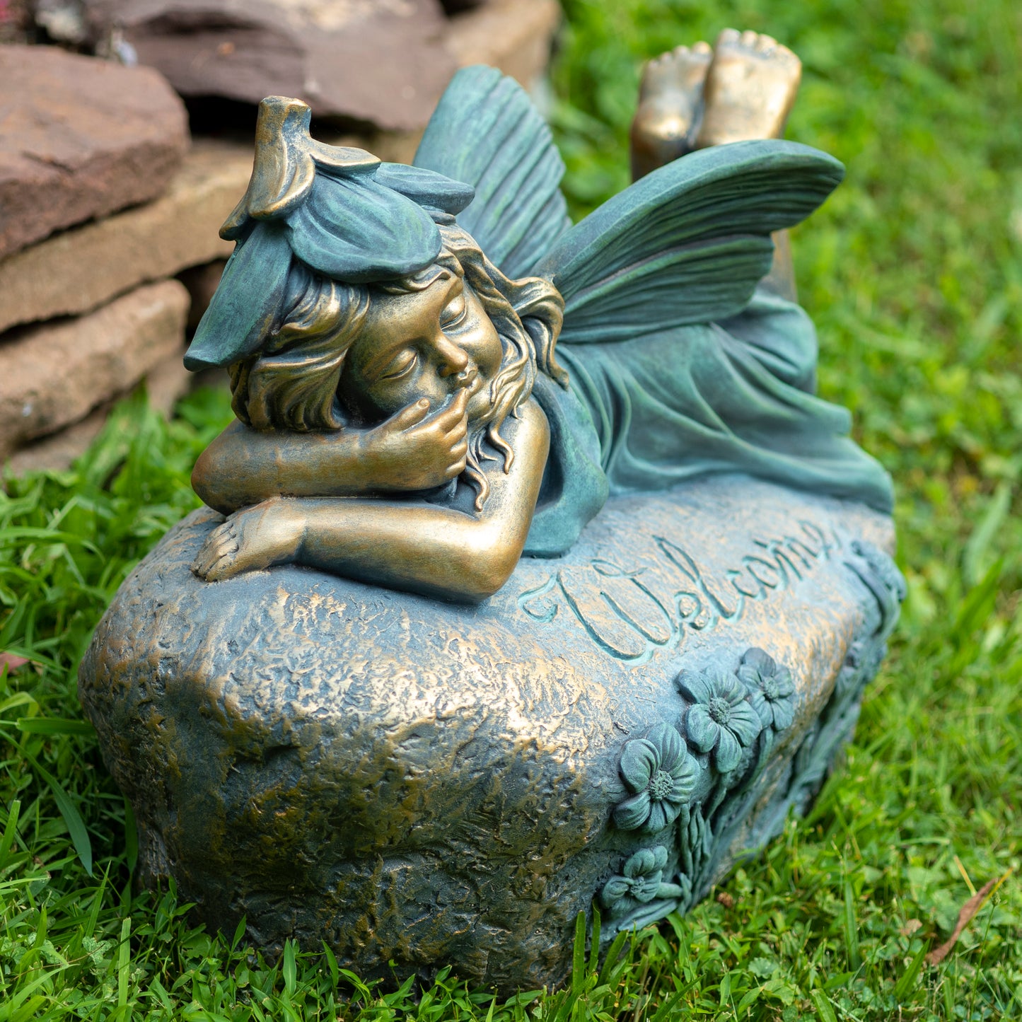 Fern Lying Fairy Garden Statue – 20" Bronze Outdoor Fairy Decor