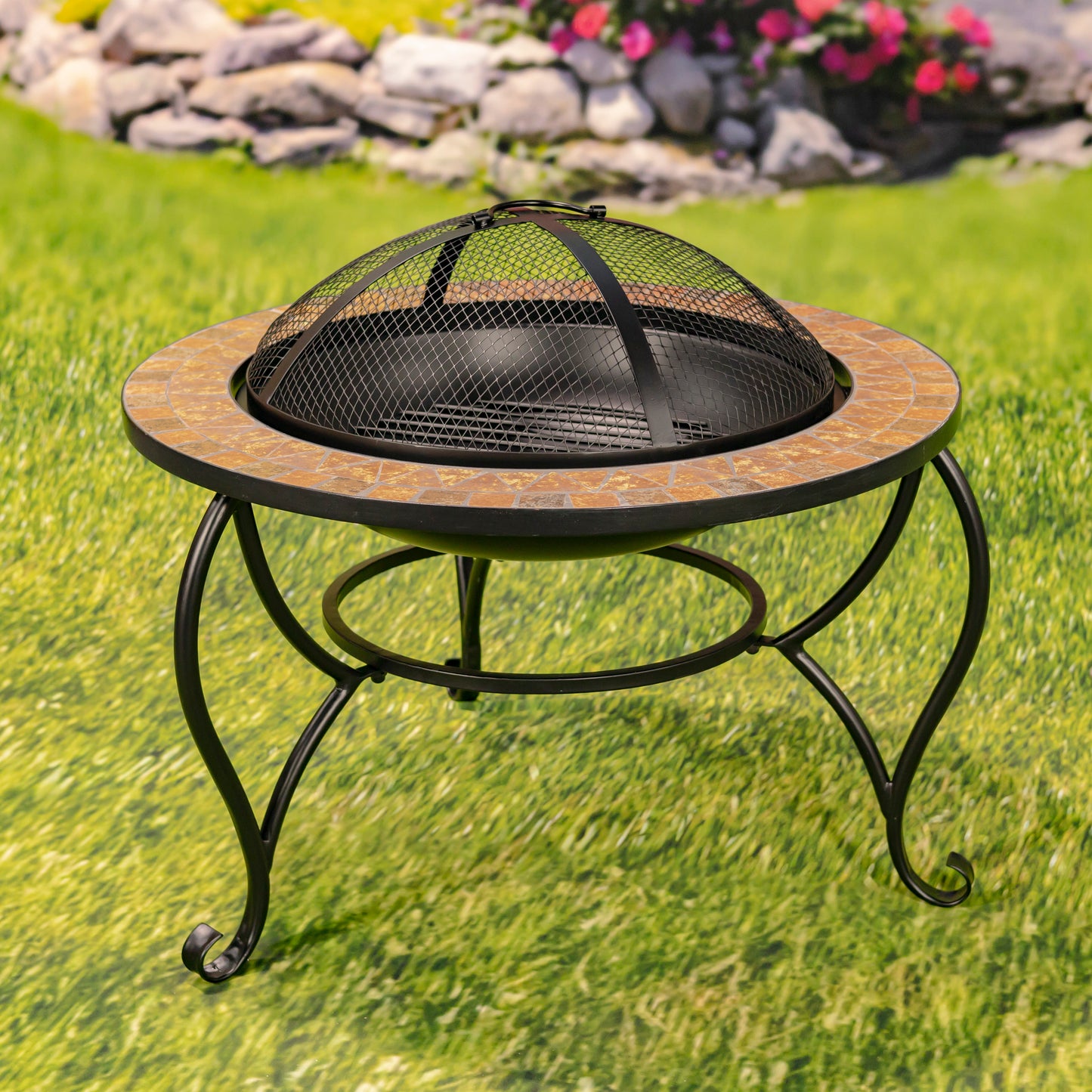 Mosaic Tile Metal Fire Pit – 32.6" Round Outdoor Wood Burning Fire Pit – Shenandoah
