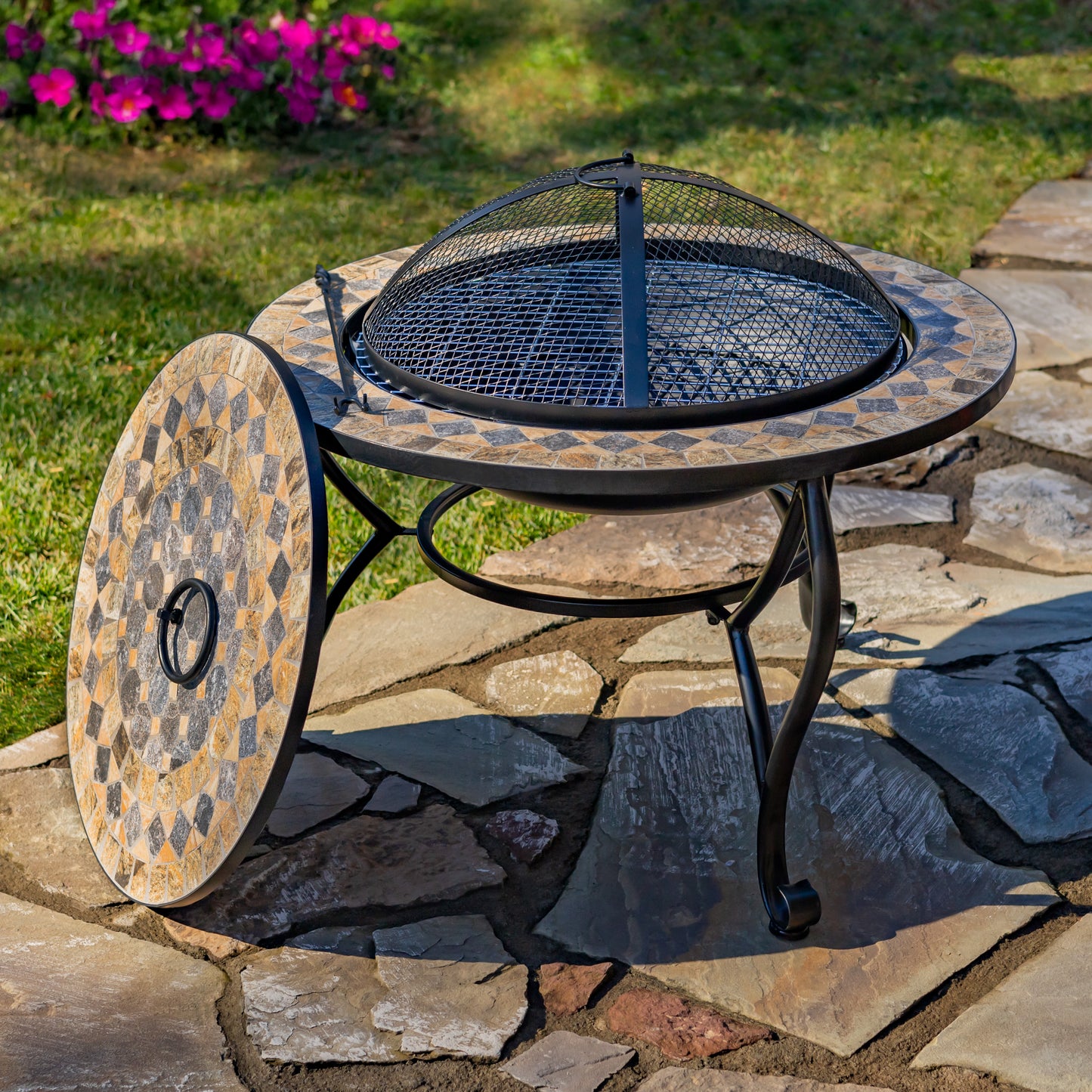 Mosaic Tile Metal Fire Pit – 32.6" Round Outdoor Wood Burning Fire Pit – Aspen (Medora Collection)