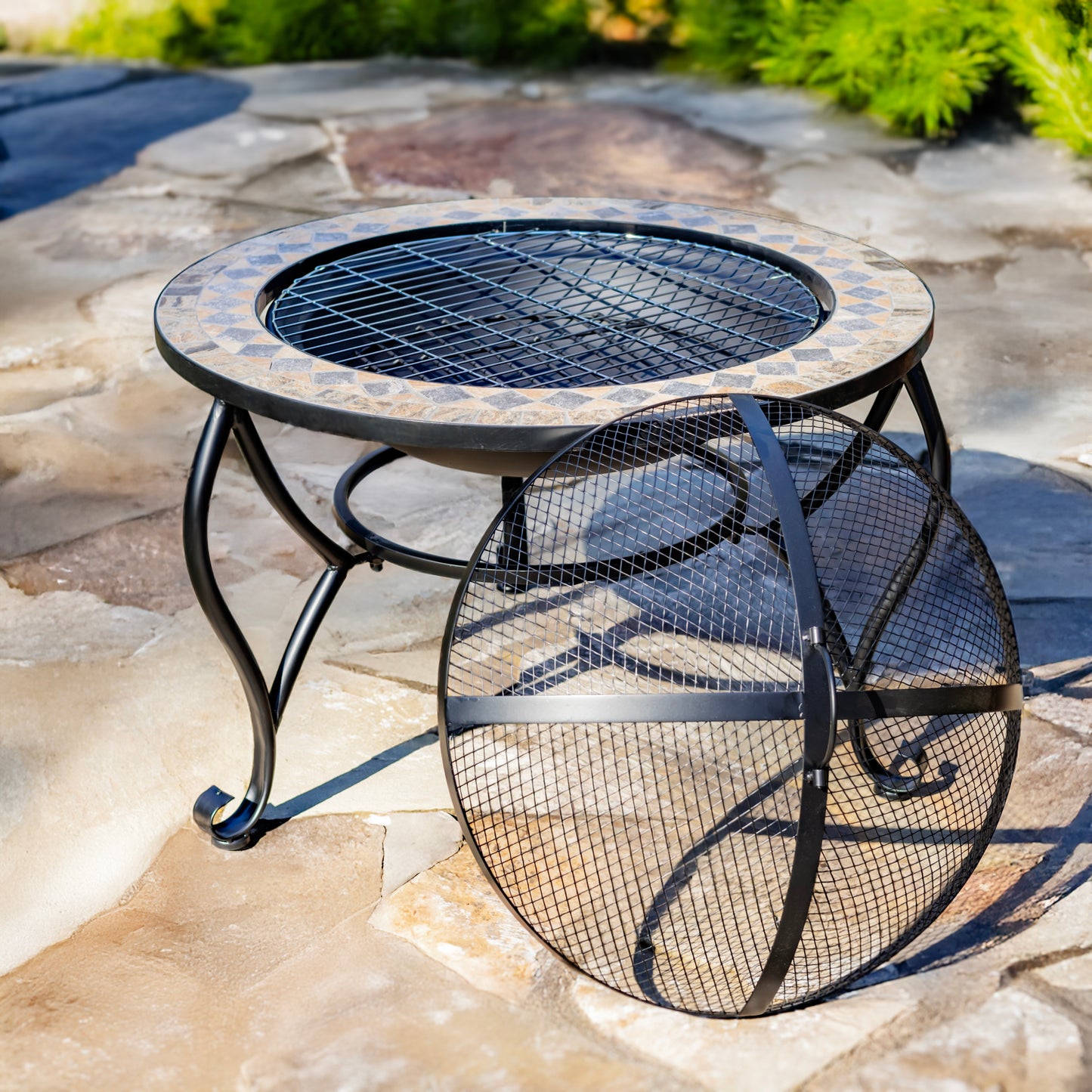 Mosaic Tile Metal Fire Pit – 32.6" Round Outdoor Wood Burning Fire Pit – Aspen (Medora Collection)