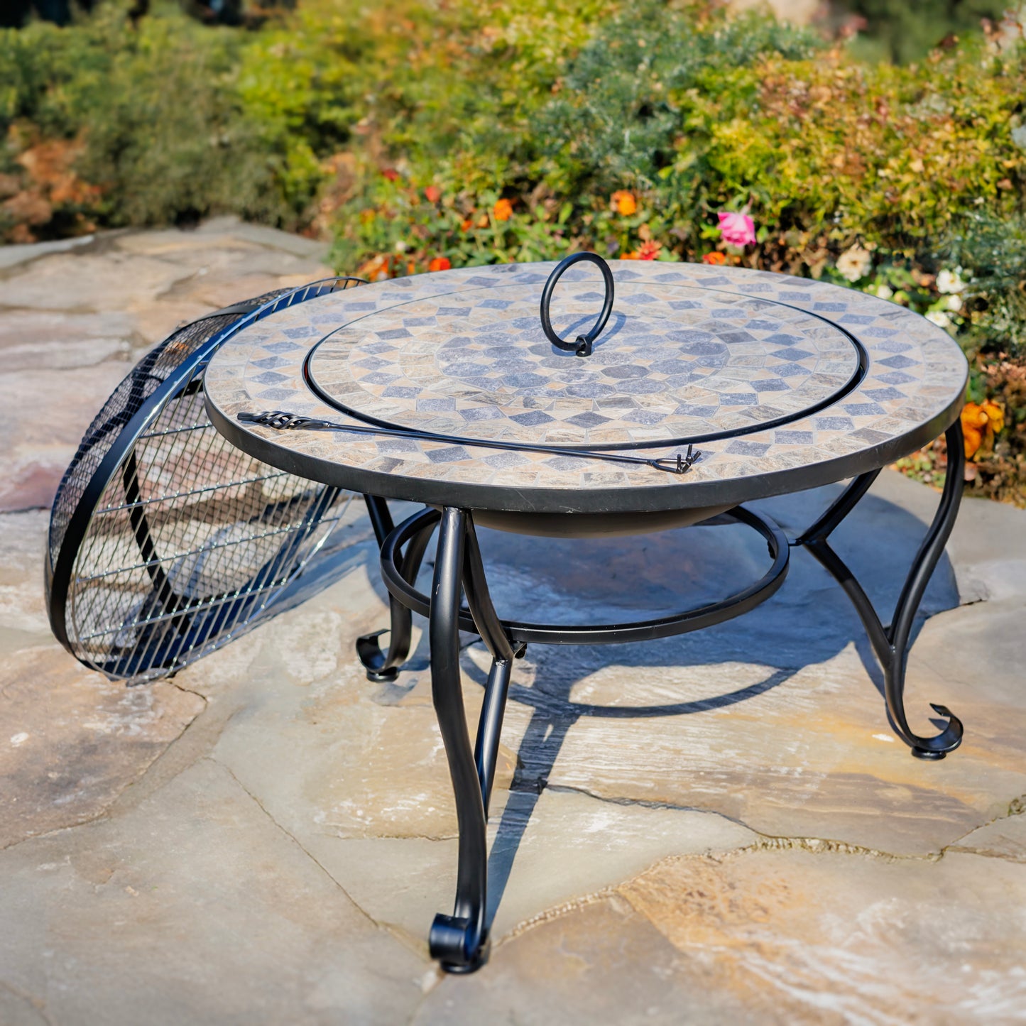 Mosaic Tile Metal Fire Pit – 32.6" Round Outdoor Wood Burning Fire Pit – Aspen (Medora Collection)