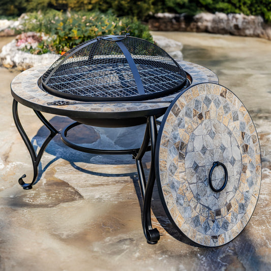 Mosaic Tile Metal Fire Pit – 32.6" Round Outdoor Wood Burning Fire Pit – Boulder (St. Augustine Collection)