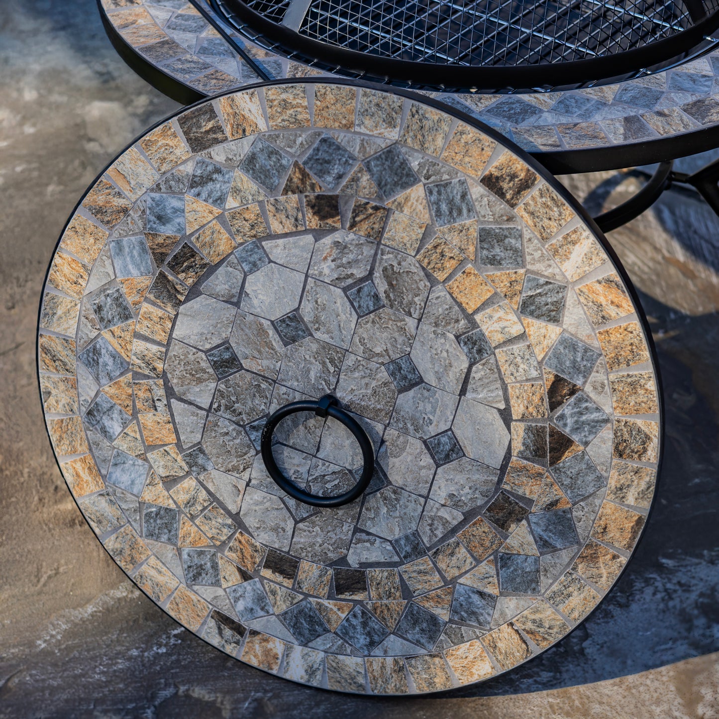 Mosaic Tile Metal Fire Pit – 32.6" Round Outdoor Wood Burning Fire Pit – Boulder (St. Augustine Collection)