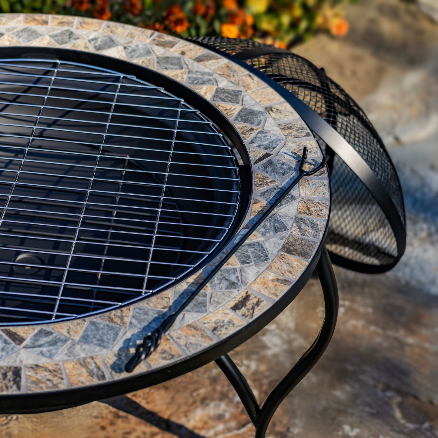 Mosaic Tile Metal Fire Pit – 32.6" Round Outdoor Wood Burning Fire Pit – Boulder (St. Augustine Collection)