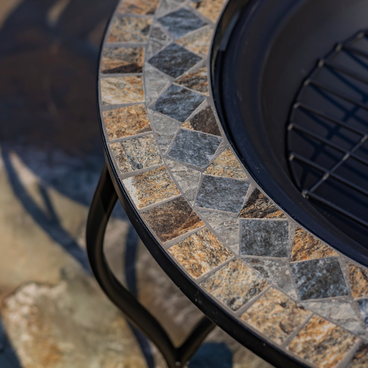 Mosaic Tile Metal Fire Pit – 32.6" Round Outdoor Wood Burning Fire Pit – Boulder (St. Augustine Collection)