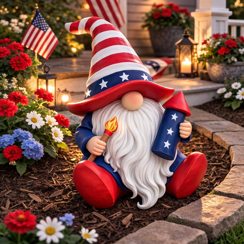 Gnome figurine with American flag hat and holding a flag, surrounded by flowers and lanterns.