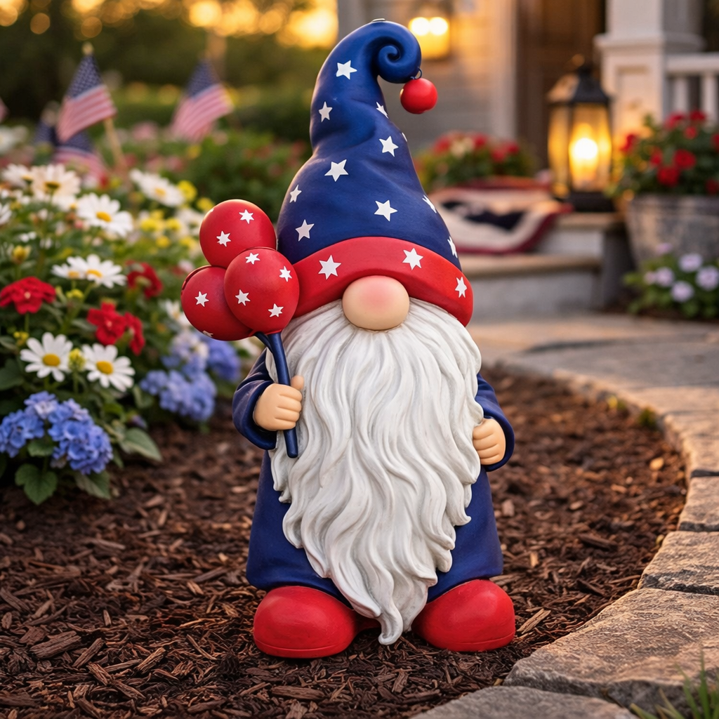 Gnome figurine with a patriotic hat and balloons in a garden setting