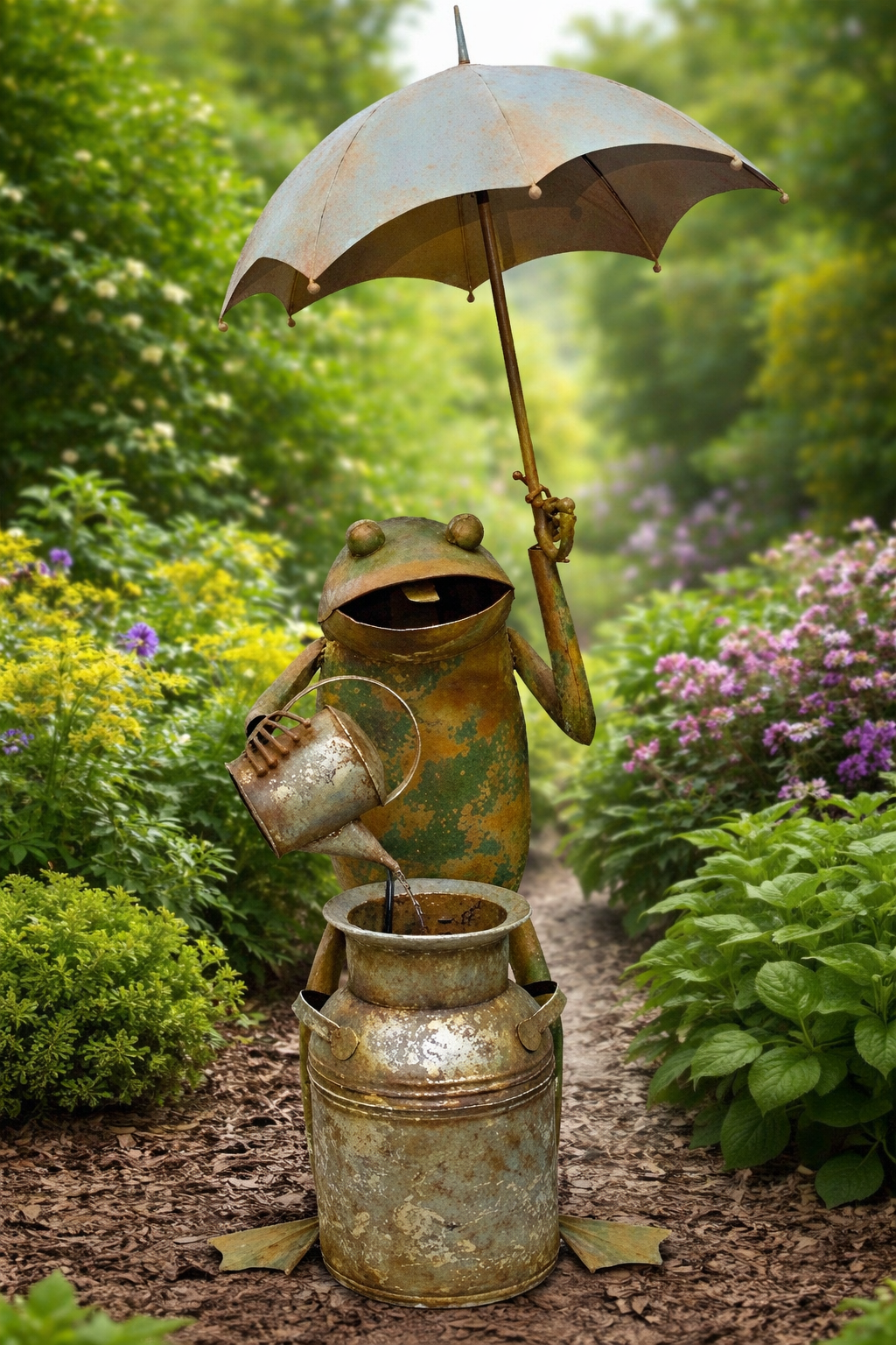 Metal frog statue holding an umbrella and watering can in a garden setting