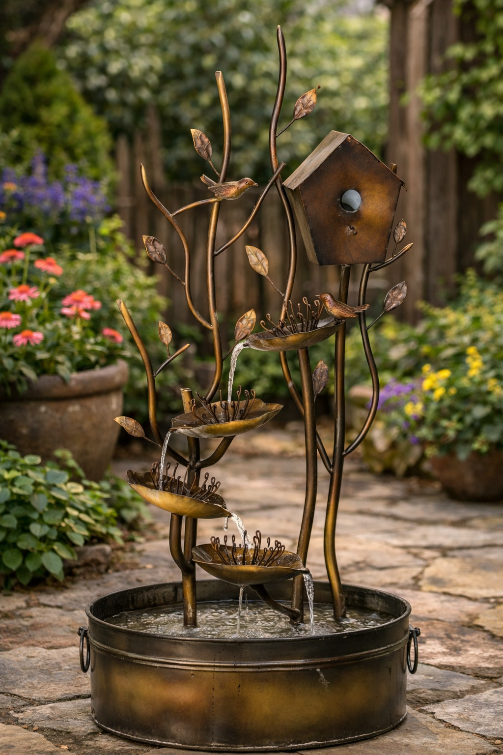 Bronze garden fountain with birdhouse design in a garden setting