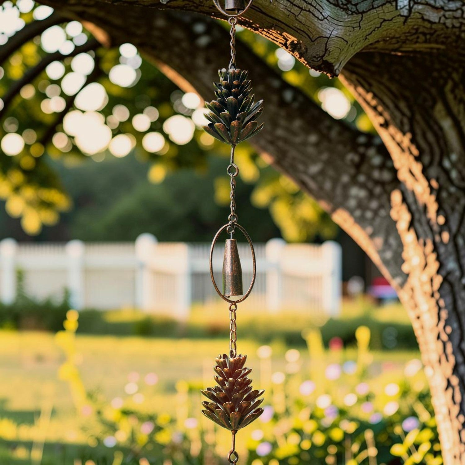 A metal wind spinner garden ornament with two pinecone-shaped weights and a central cone, hanging from a tree branch in an outdoor garden setting.