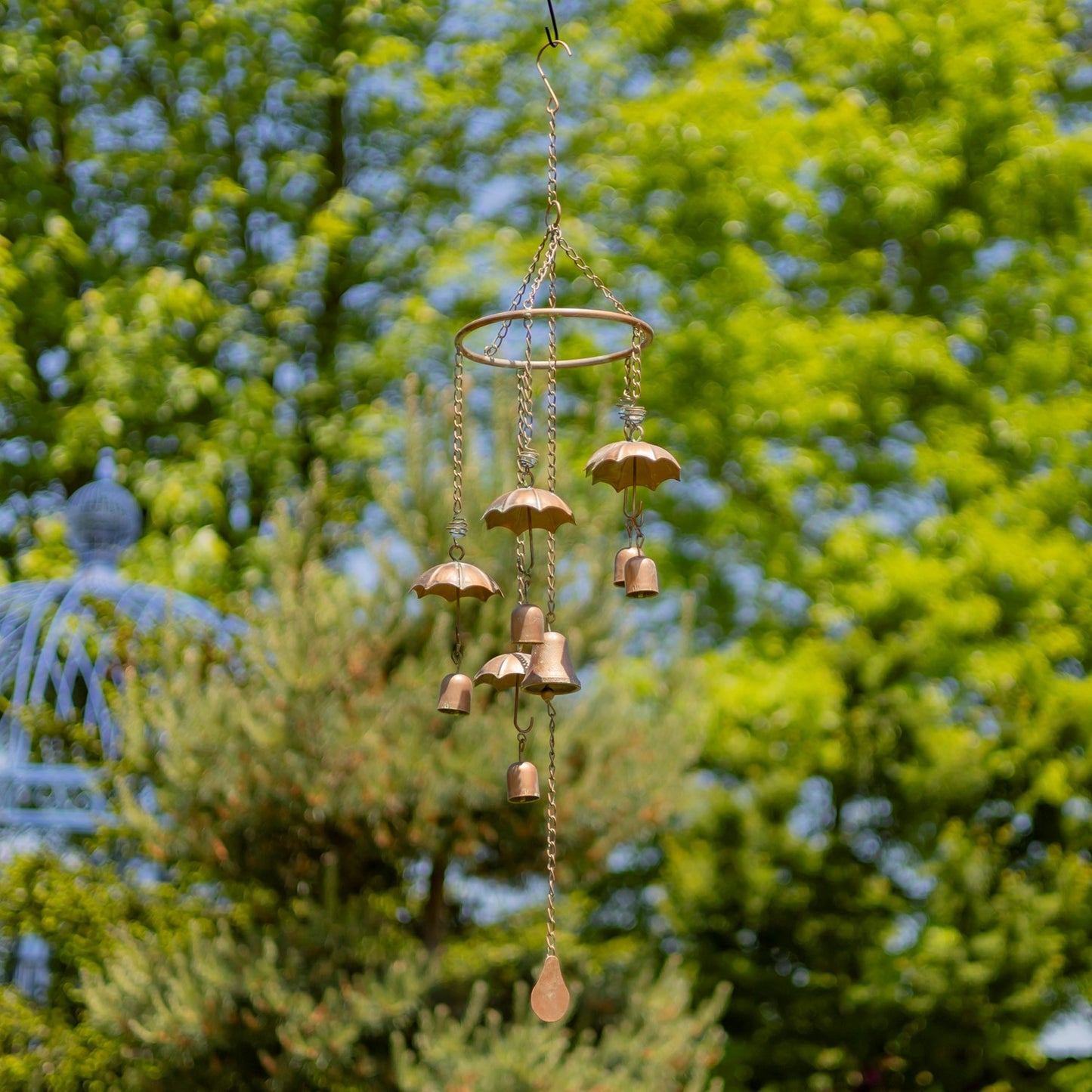 Antique Copper Umbrella Wind Chime with Glass Marbles & Bells, 39.75"