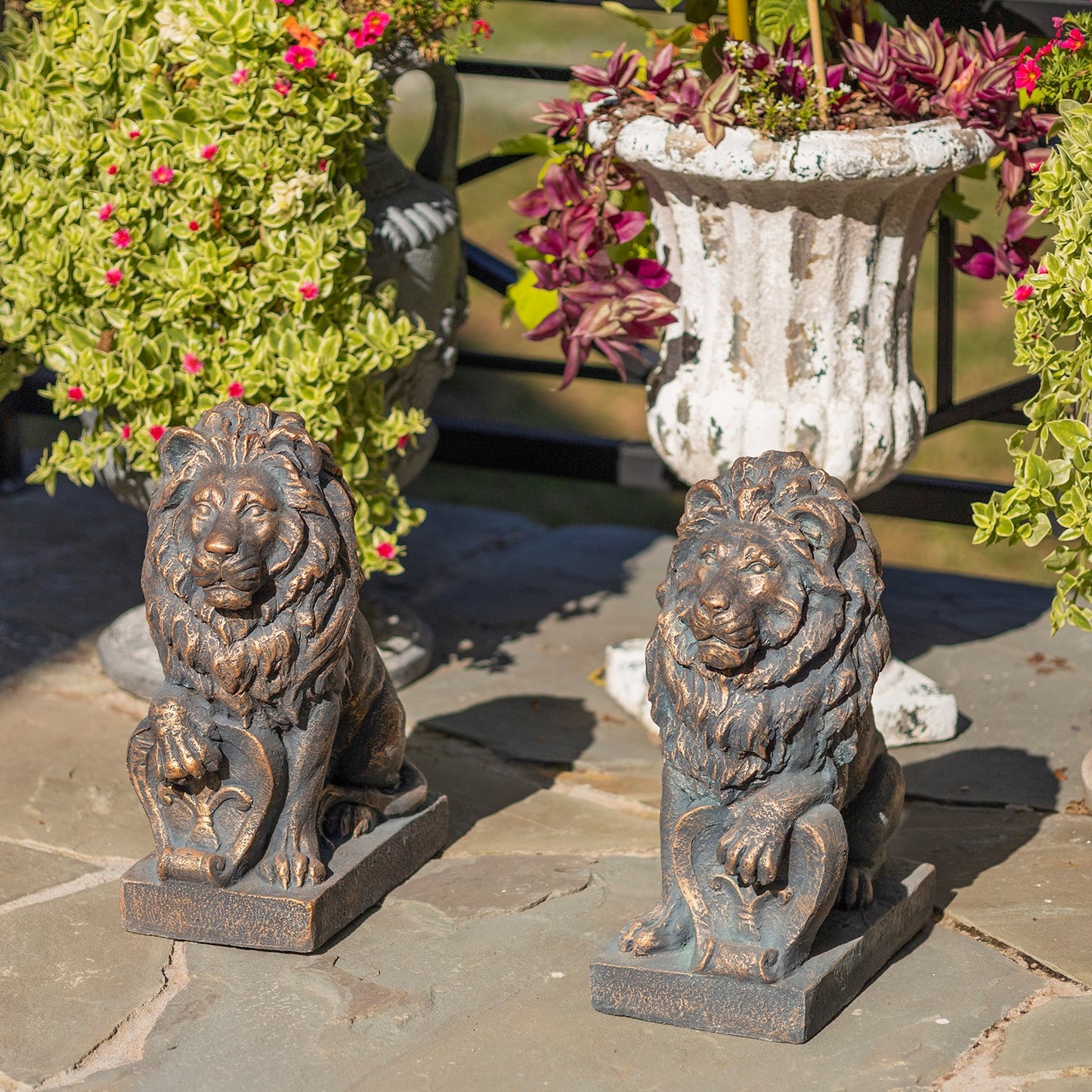 21" Tall Set of 2 Antique Bronze Lion Sentry Statues with Fleur-De-Lis "Harold & Leo"