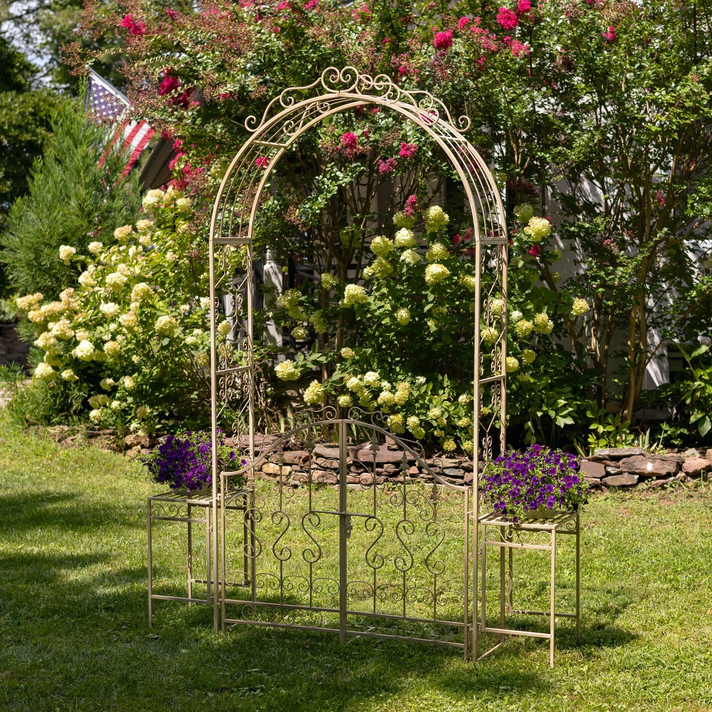 Garden Gate Archway with Side Plant Stands, 96" | "Genevieve" Antique White