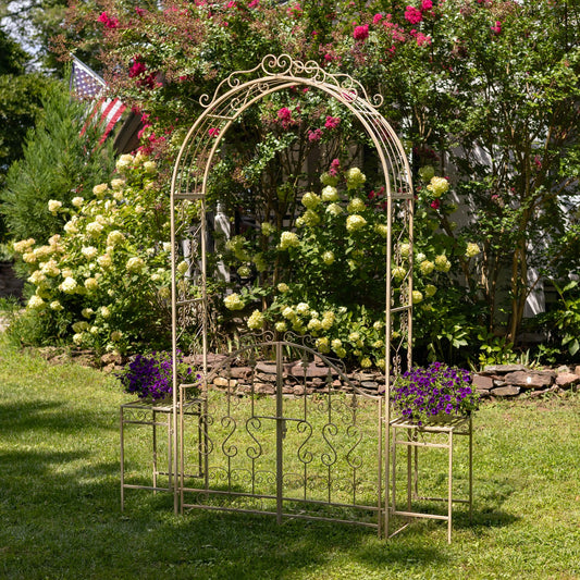 Garden Gate Archway with Side Plant Stands, 96" | "Genevieve" Antique White