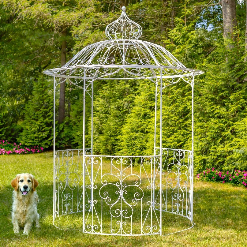 A white wrought-iron garden gazebo with an ornate pointed roof and decorative scrollwork, shown outdoors on a grassy lawn with a small dog standing nearby and a background of green trees and shrubs.