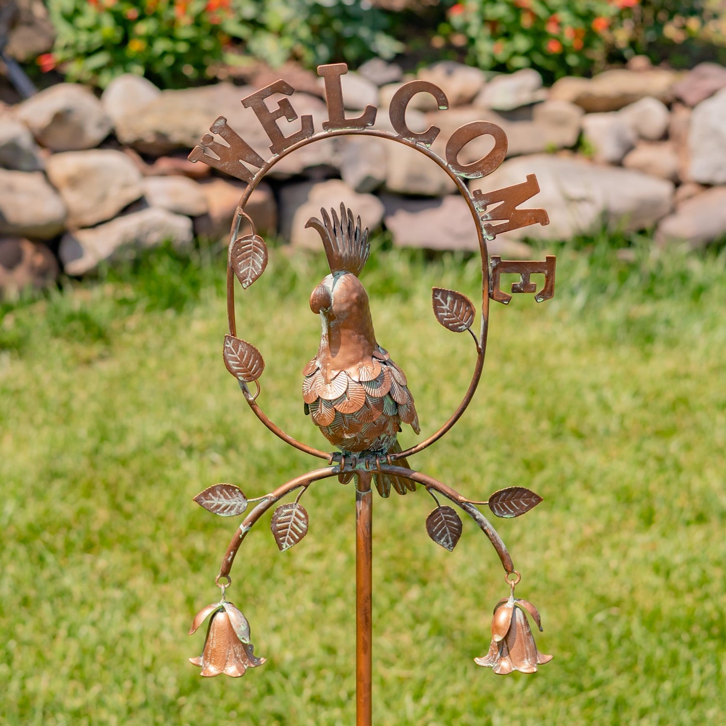 "Welcome" Garden Stake with Cockatoo & Dangling Bells, 54.5"