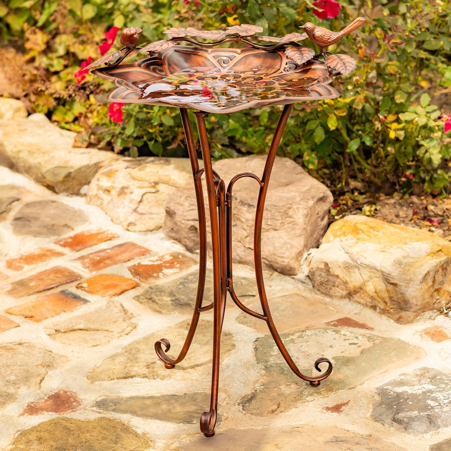 28" Tall Mandala-Shaped Birdbath and Trifold Stand in Antique Bronze "Zina"
