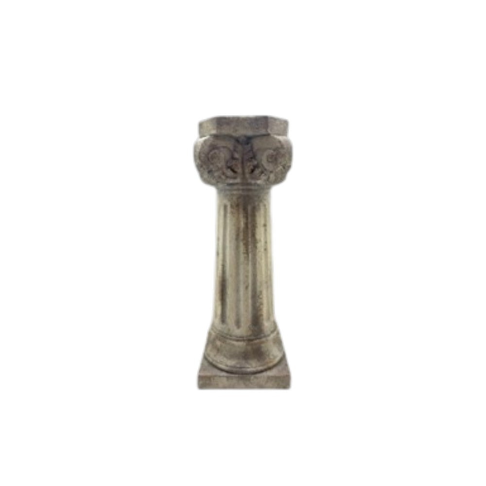 A decorative classical column pedestal with a carved capital and fluted shaft, finished in a weathered gray stone texture, isolated on a white background.