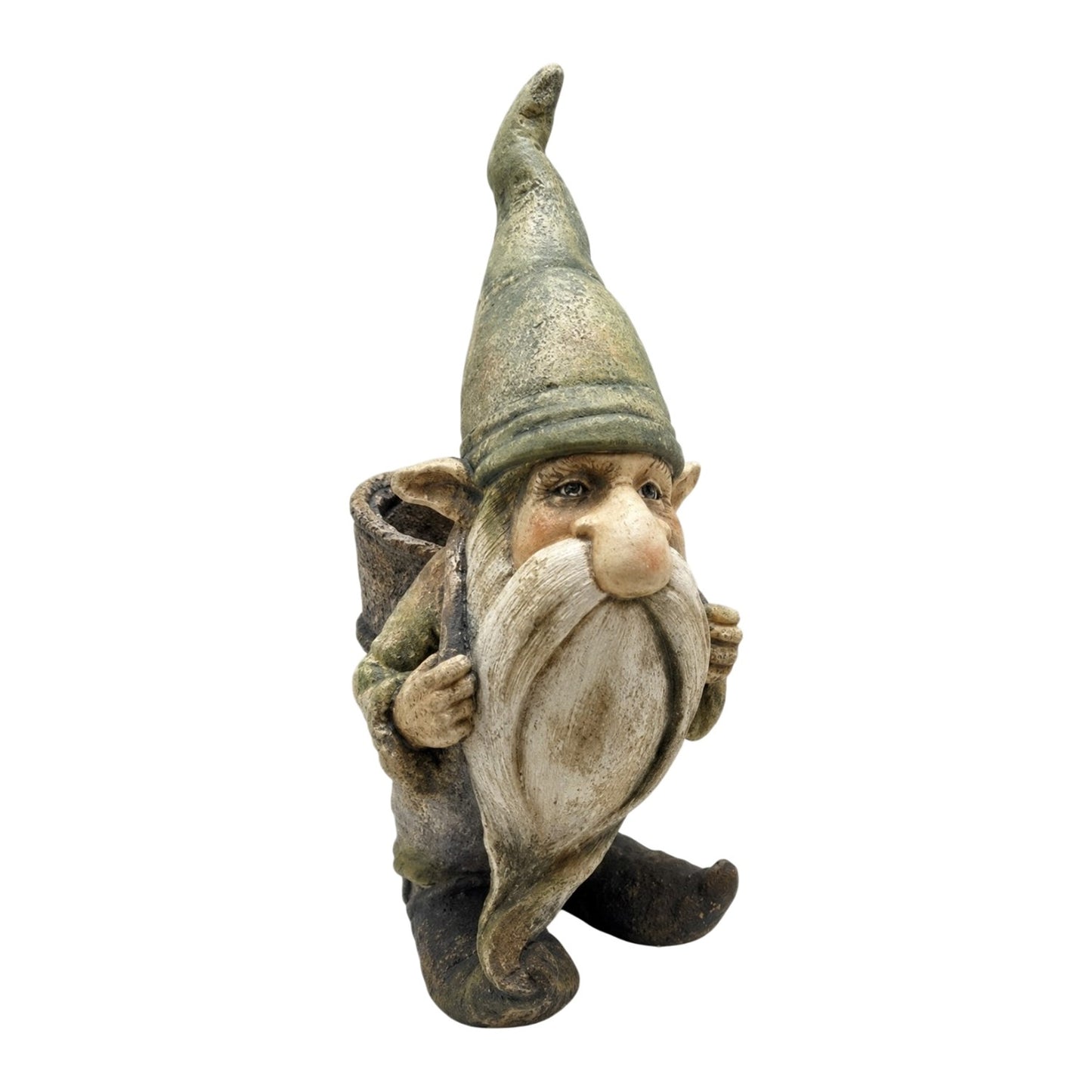 A rustic garden gnome figurine with a long white beard, wearing a pointed hat and dark boots, holding a small pot, isolated on a white background.