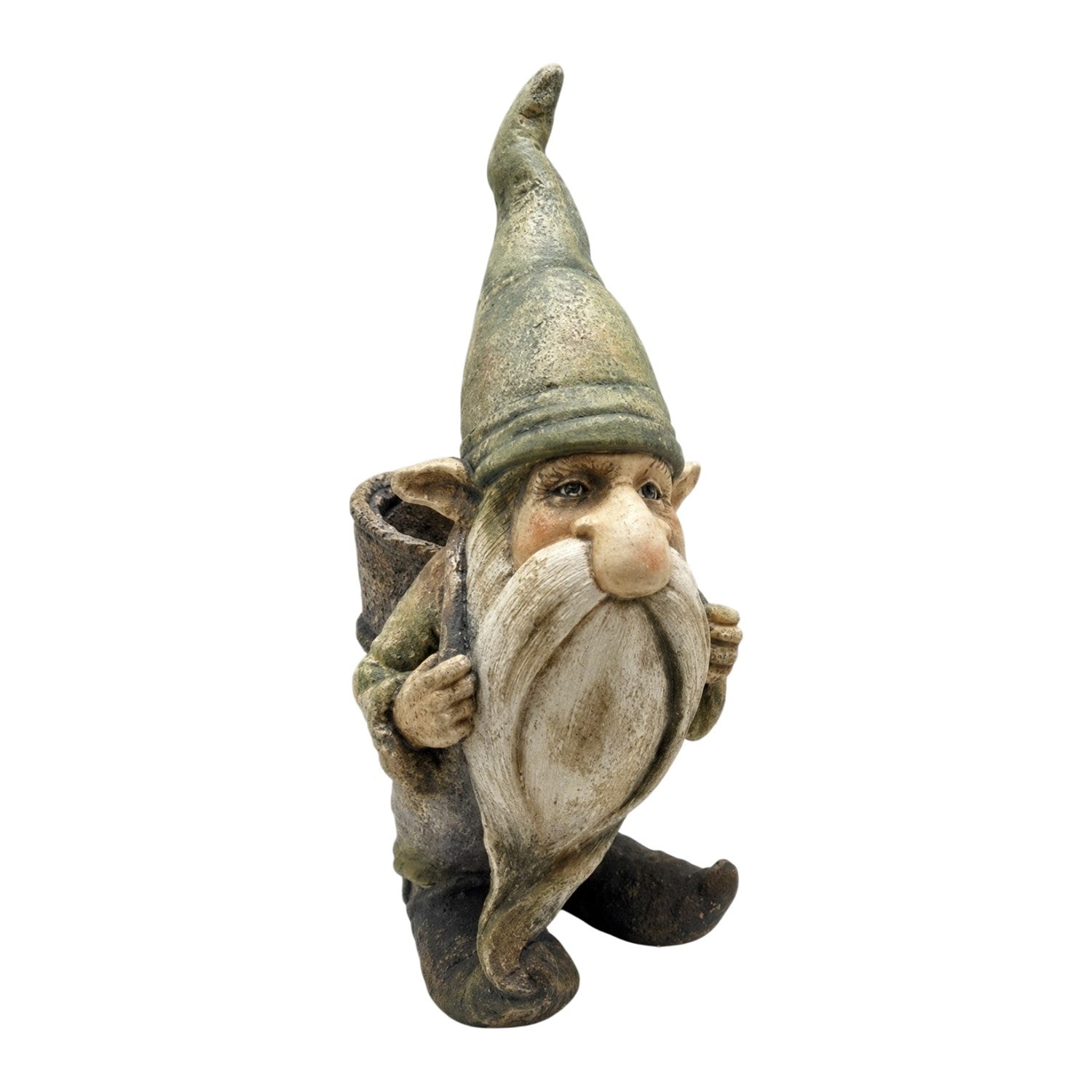 A rustic garden gnome figurine with a long white beard, wearing a pointed hat and dark boots, holding a small pot, isolated on a white background.