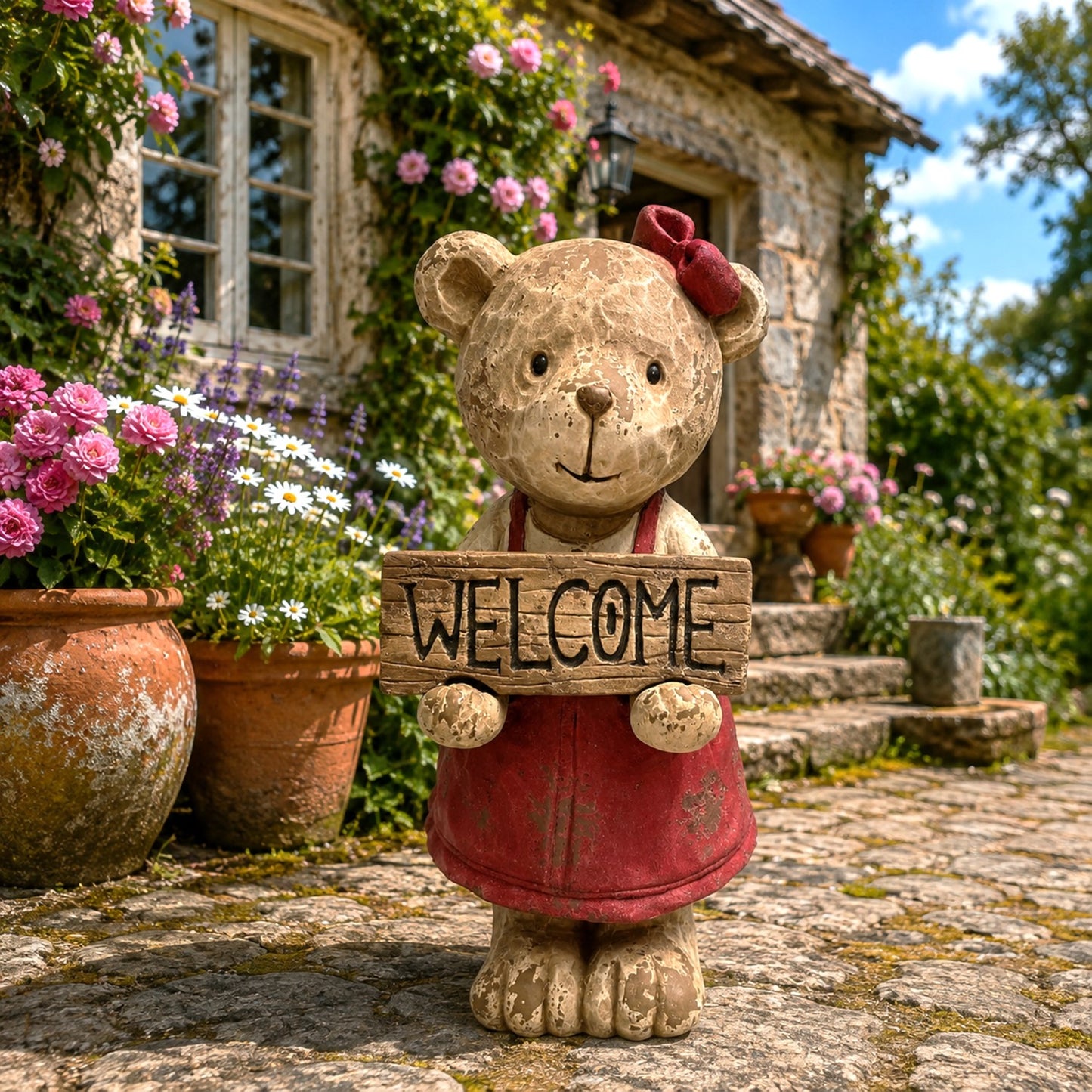 A teddy bear garden statue holding a wooden 'WELCOME' sign stands in front of a stone cottage with blooming pink flowers and potted plants.