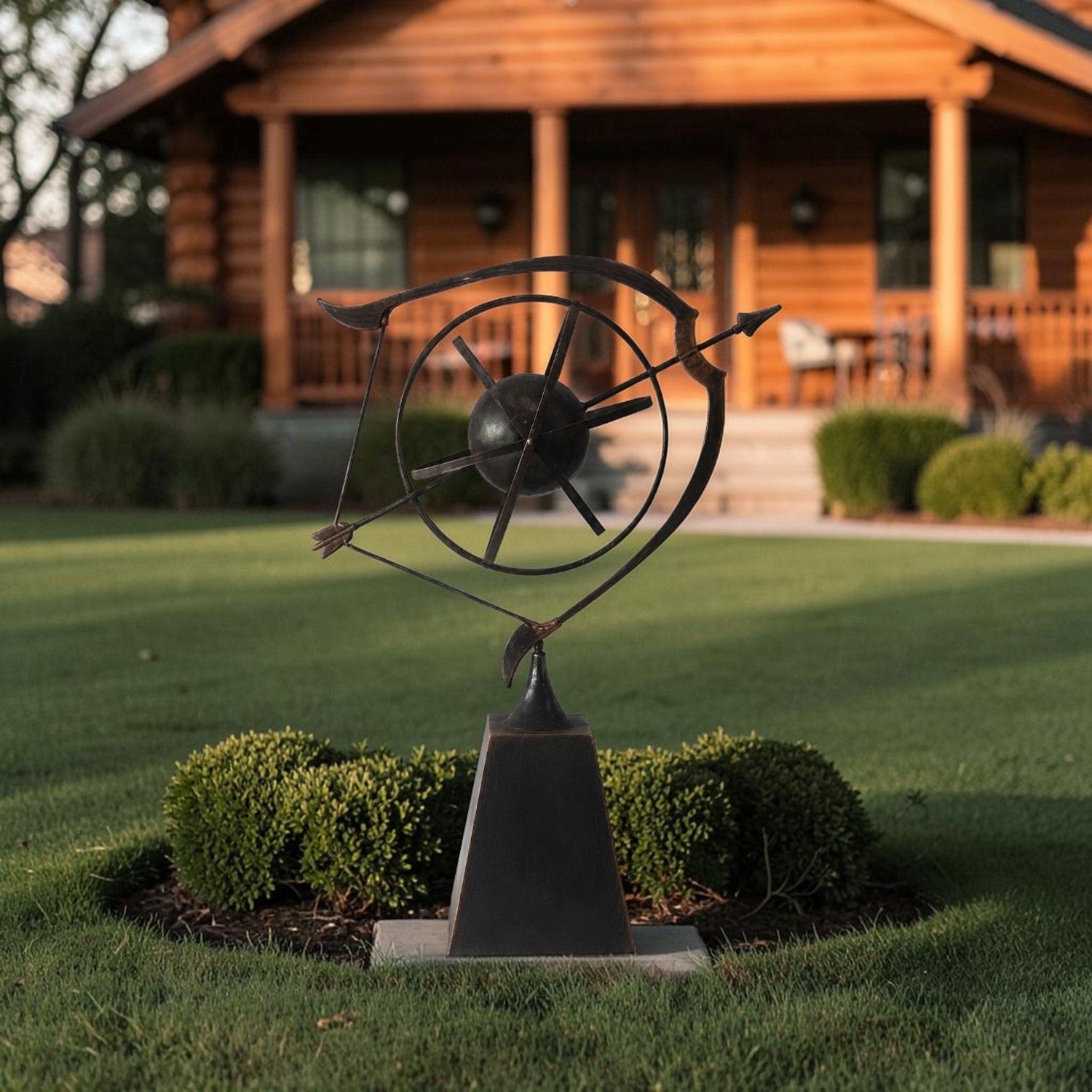 A dark metal outdoor sculpture of a compass or windmill design on a rectangular base, placed on a green lawn in front of a wooden house.