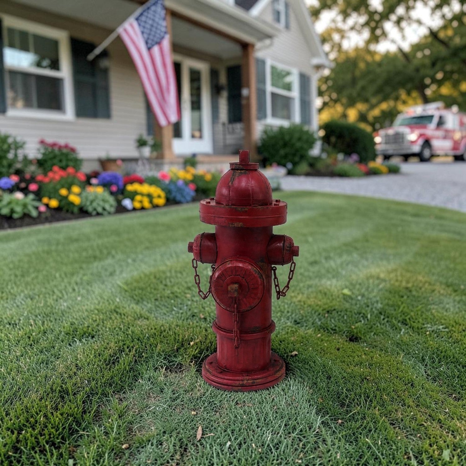 A red fire hydrant stands on a green lawn in front of a house with an American flag, flowers, and a fire truck in the background.