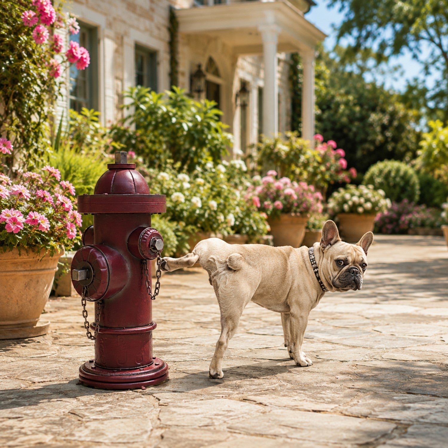 A light fawn French Bulldog stands on a stone patio in a beautifully landscaped garden, playfully pulling on a dark red fire hydrant with its tail.